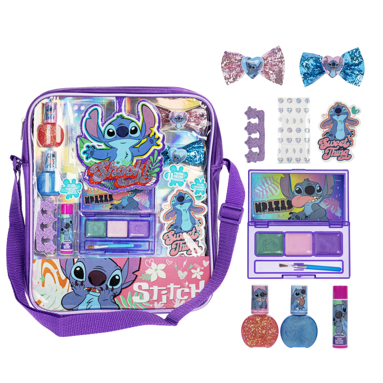 Disney Lilo and Stitch Makeup Filled Shoulder Bag Includes Lip Gloss, Nail Polish, Hair Bow & More! for Girls, Ideal for Ages 3 