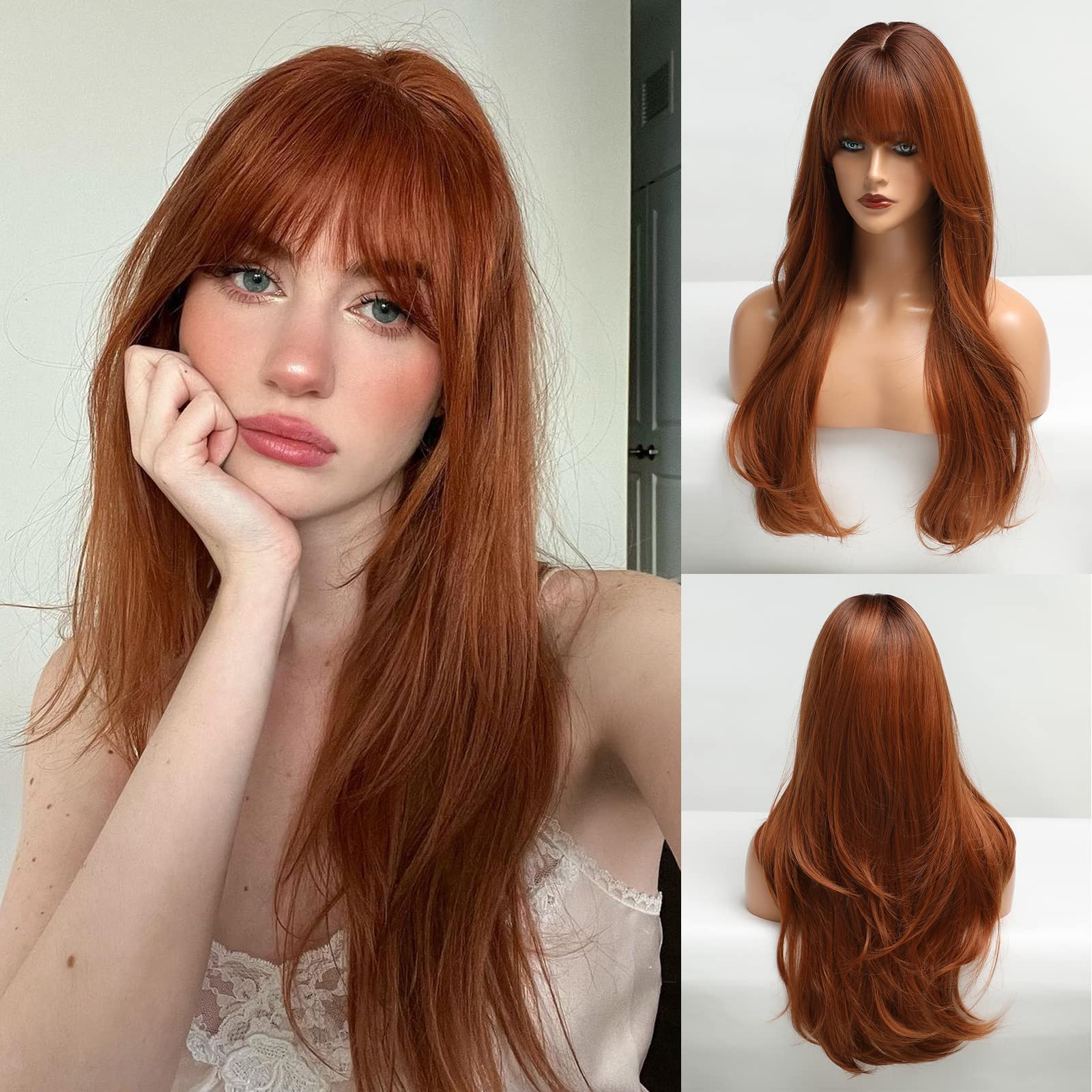HAIRCUBE Long Auburn Wig with Bangs Layered Curly Orange Wigs for Women Natural Synthetic Wigs for Daily Use (pelucas de cabello