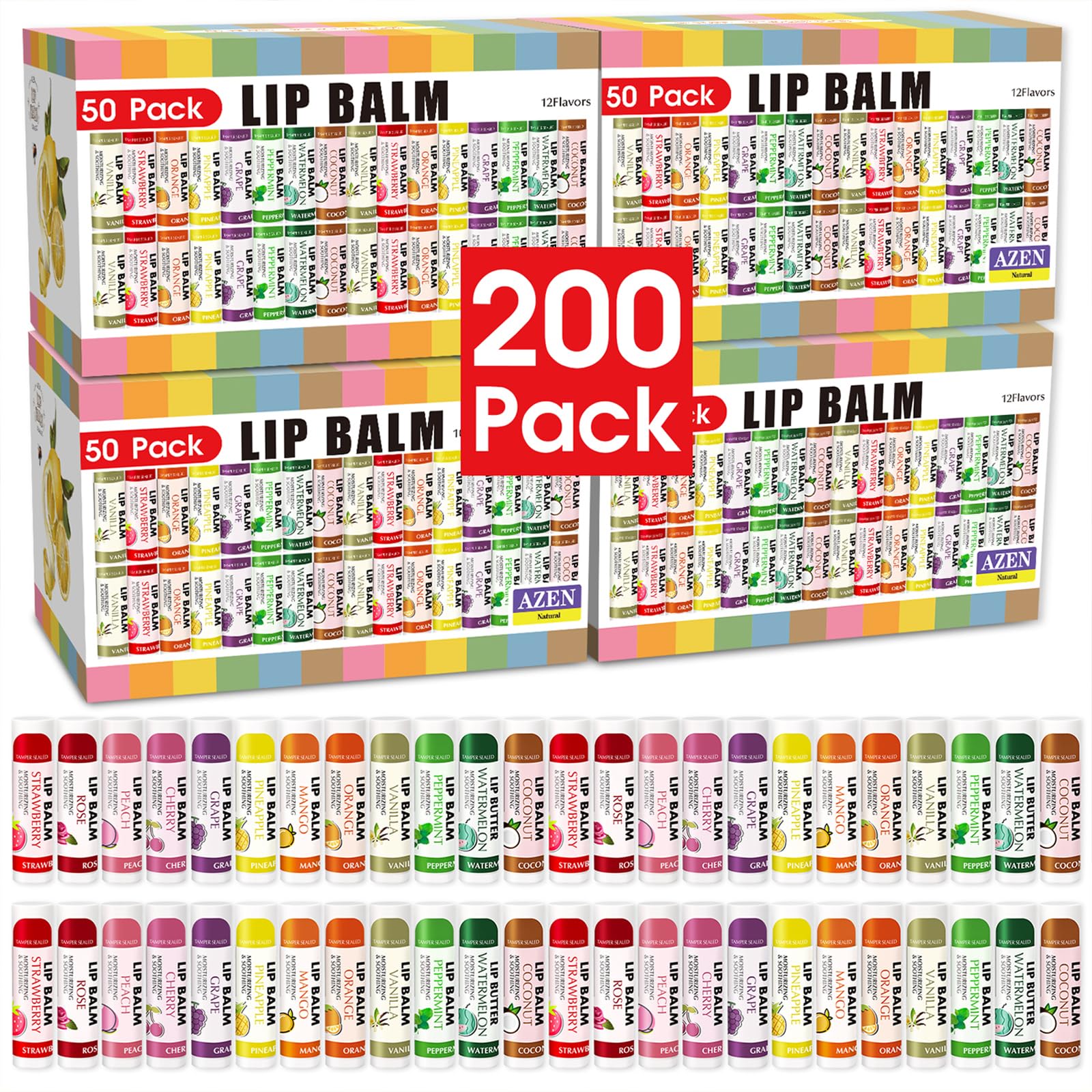 AZEN 200 Pack Lip Balm, Natural Lip Balm Bulk, Lip Care Product, Moisturizing Lip Balm for dry cracked lips - 12 Flavors