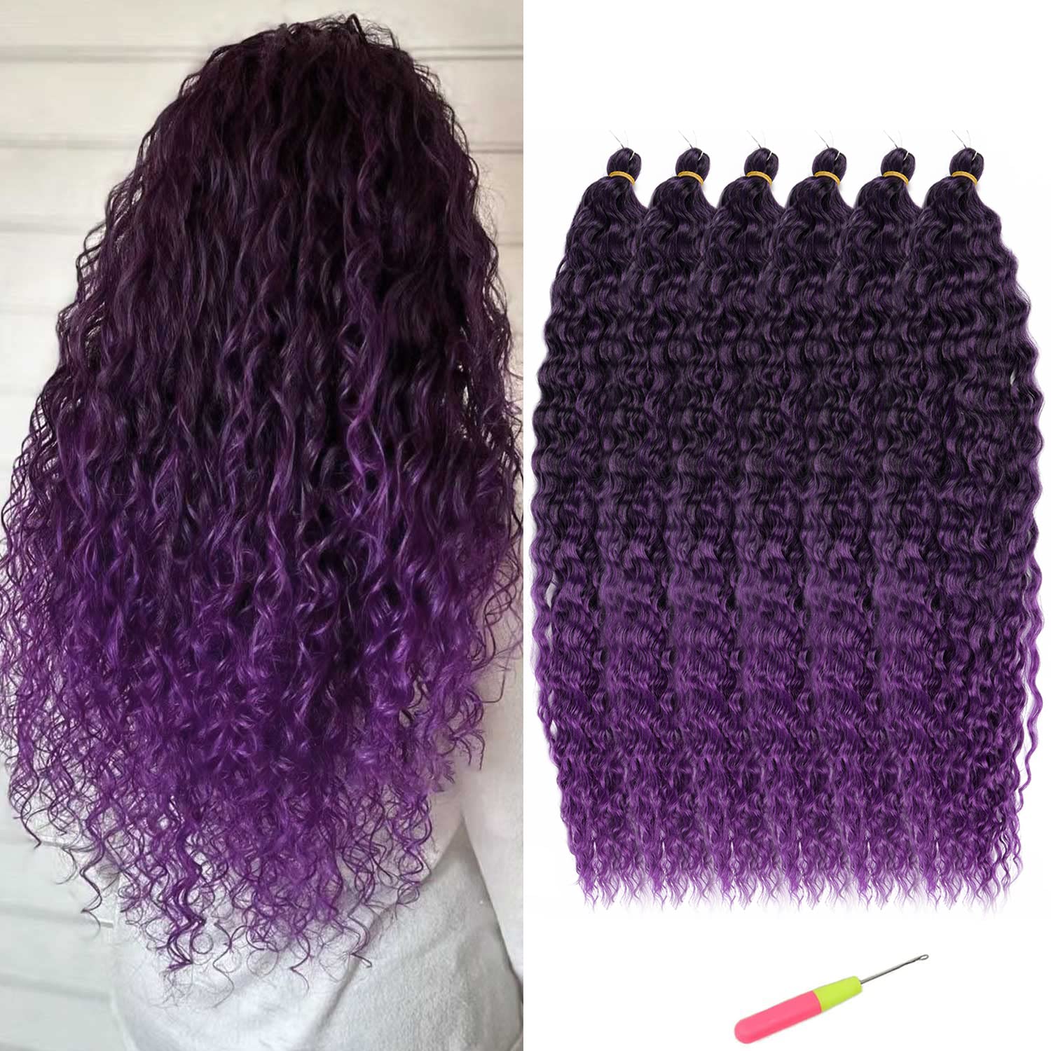 Purple Ocean Wave Braiding Crochet Hair Extensions, 30inch Ombre Deep Wave Crochet Hair, 6Packs Soft Synthetic Curly Crochet Hai