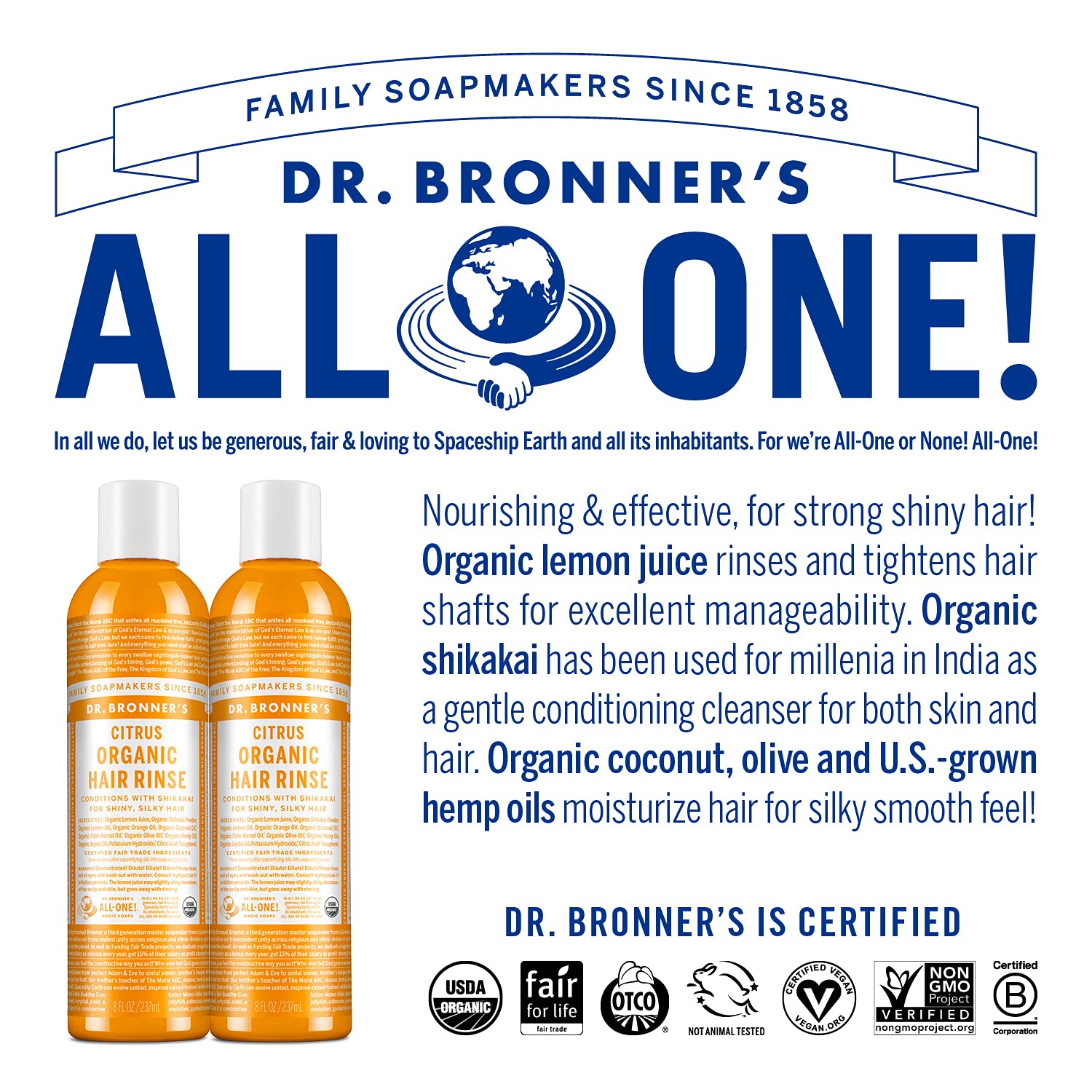 Dr. Bronner's - Organic Hair Rinse (Citrus, 8 Ounce) - Nourishing & Effective, Gentle Conditioning Cleanser for Skin & Hair, No