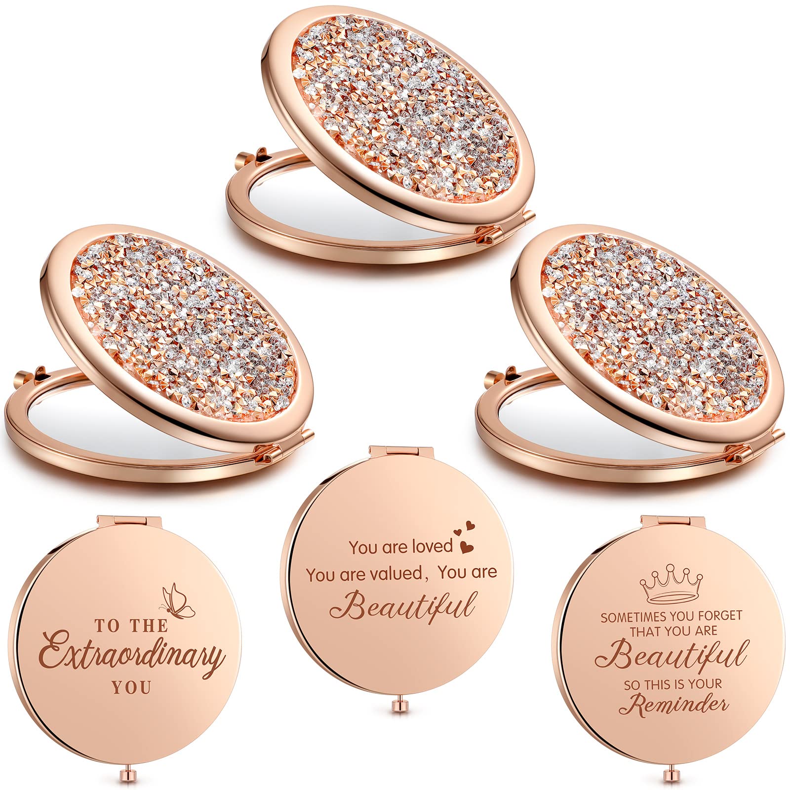 3 Pieces Magnifying Compact Cosmetic Mirror 2.75 Inch Round Pocket Makeup Mirror Travel Handheld Compact Mirror Engraved Purse M