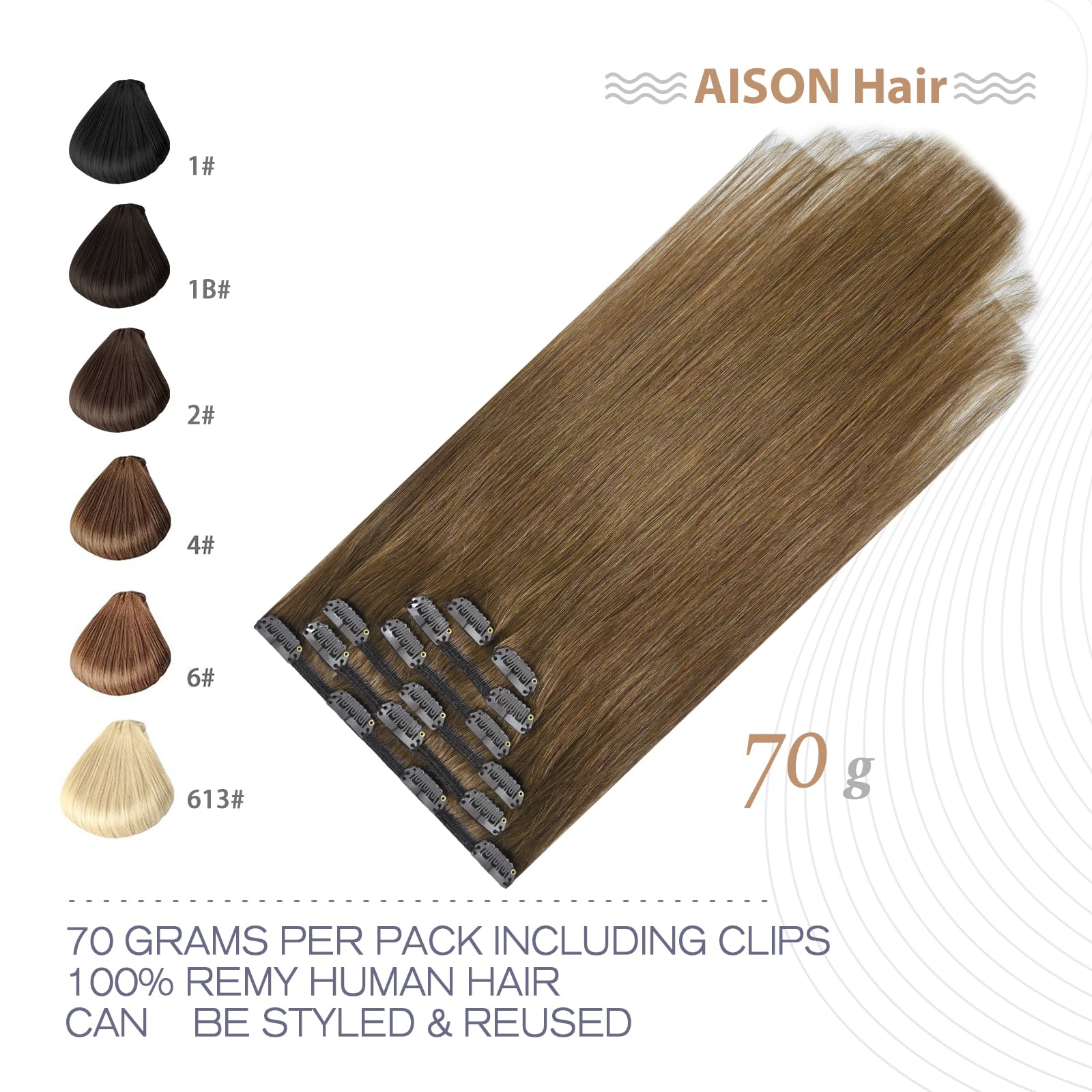 Aison Light Brown Hair Extensions Clip in Hair Extensions Real Human Hair 70G 100% Remy Human Hair Clip in Extensions for Women