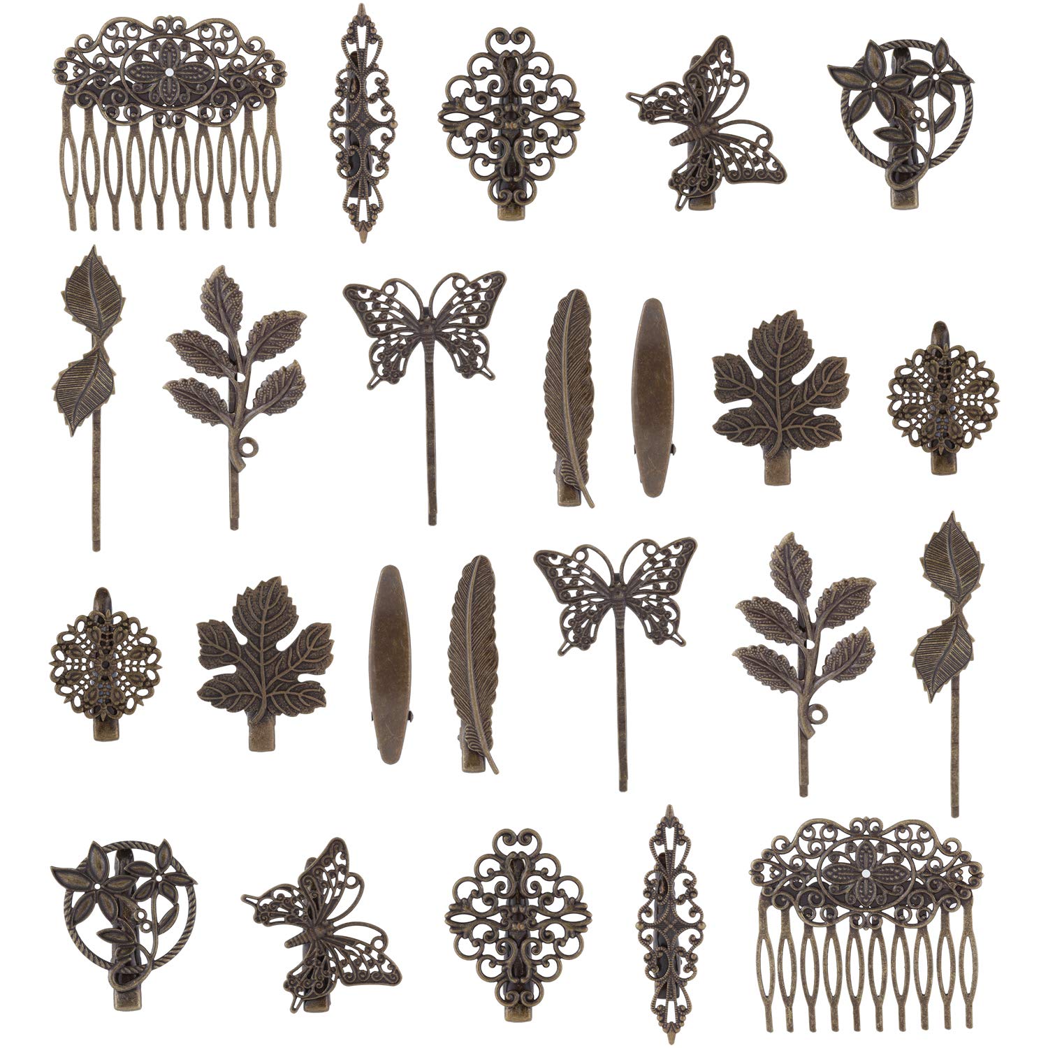 Lawie 24 Pack Vintage Retro Boho Decorative Metal Hair Clips Barrettes Butterfly Flower Leaf Feather Duckbill Alligator Hairpins