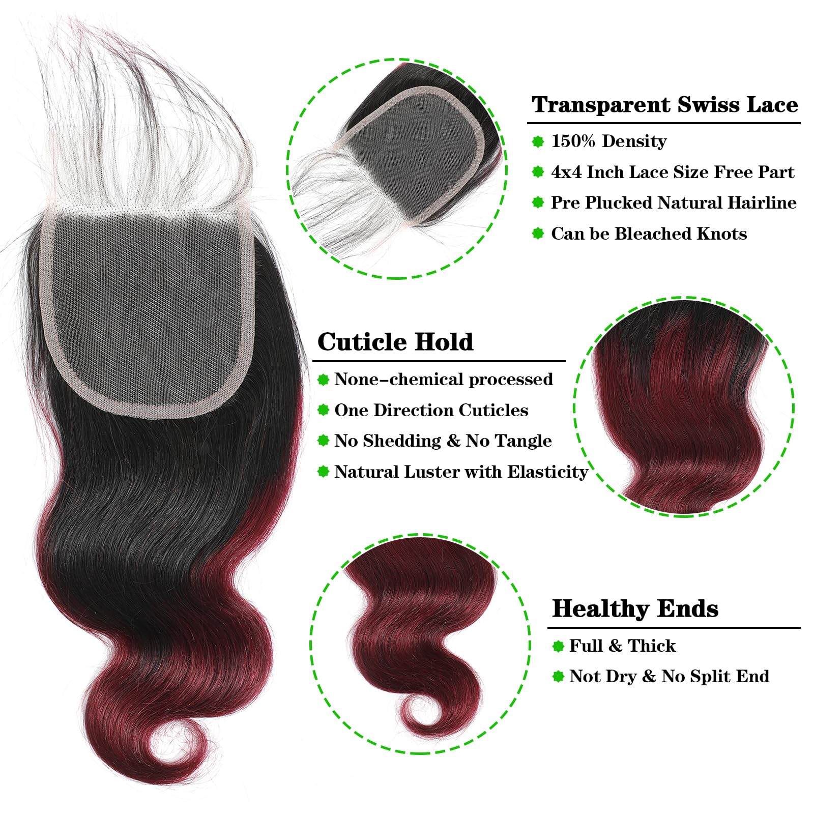 Kapelli Hair 10A Ombre Brazilian Human Hair With Closure (12 14 16+12) Brazilian Human Hair 3 Bundles With Closure Brazilian Bod