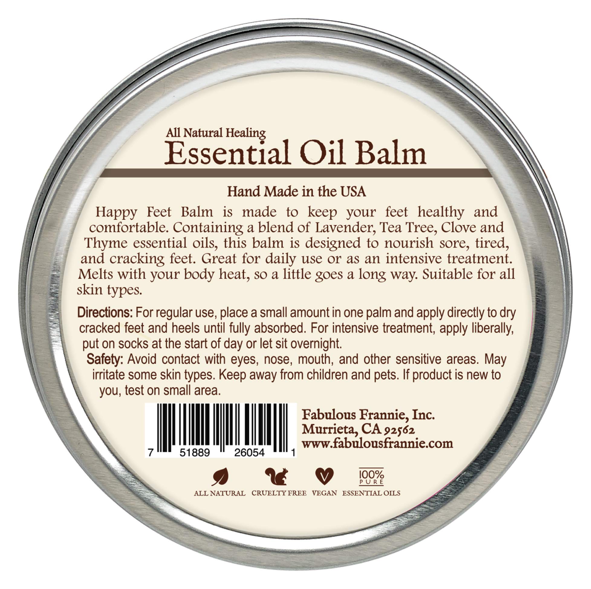 Fabulous Frannie Happy Feet All Natural Essential Oil Healing Balm made with Sunflower Oil, Coconut Oil, Shea Butter, Beeswax, S