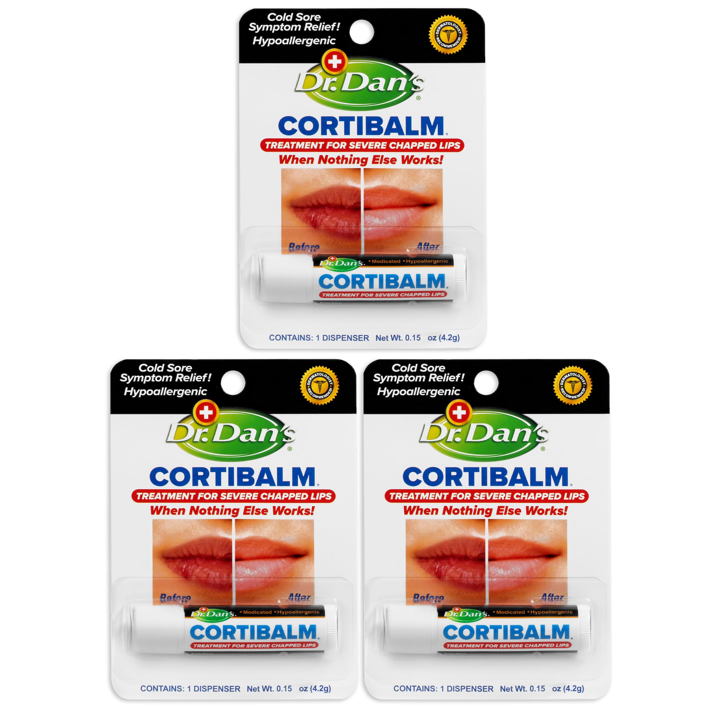 Dr. Dan's Cortibalm- 3 Pack- for Dry Cracked Lips - Healing Lip Balm for Severely Chapped Lips - Designed for Men, Women and Chi