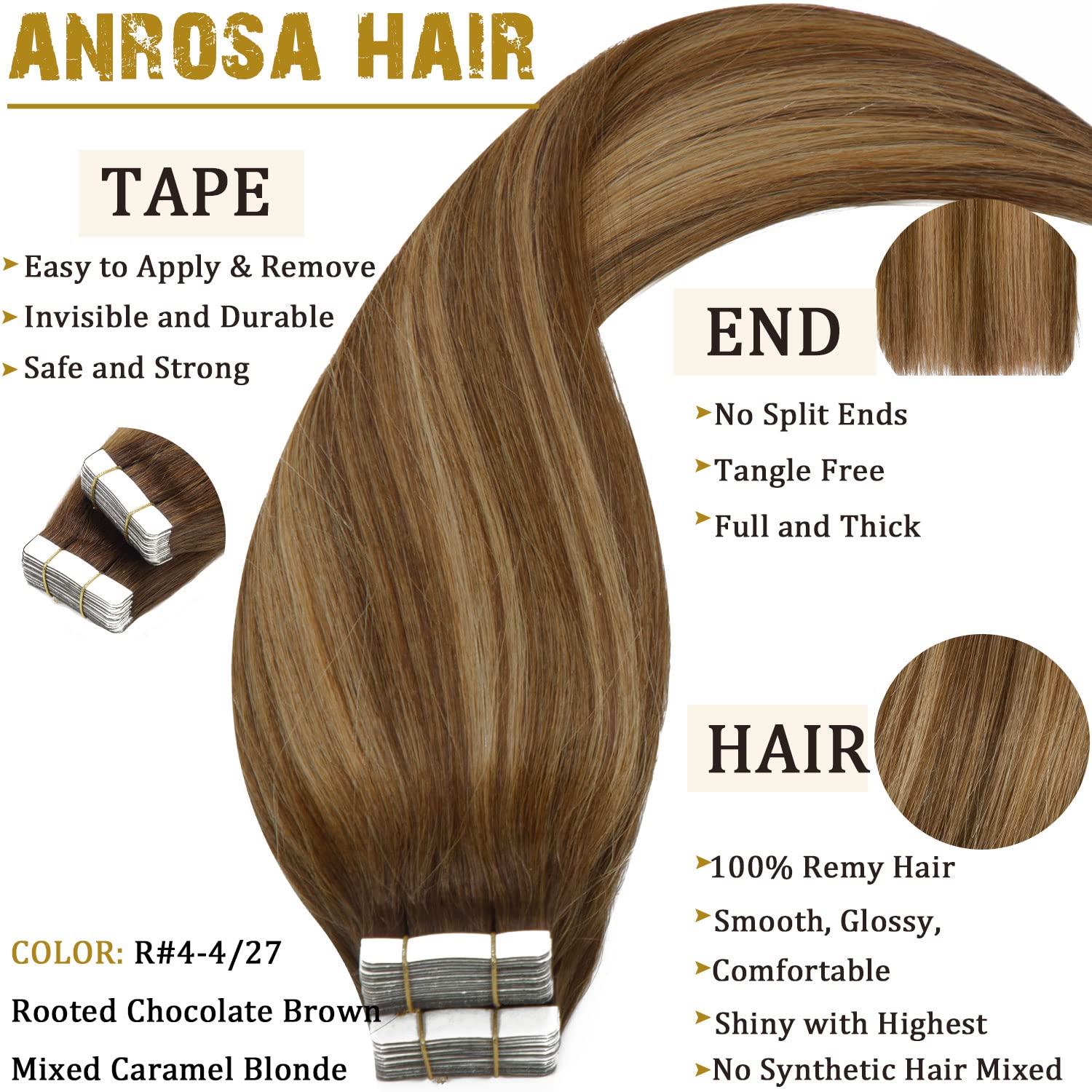 Anrosa 20Pcs 50G Ombre Chocolate Brown To Caramel Blonde Remy Human Hair Extensions Balayage Seamless Straight Real Tape In Natu