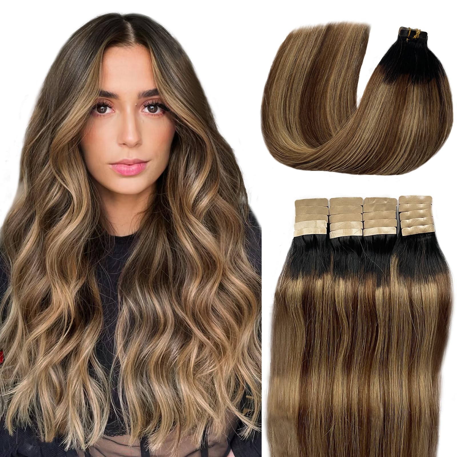 18Inch Tape In Hair Extensions Human Hair Balayage Dark Black To Medium Brown With Ash Blonde 40G 20Pcs Real Natural Hair Extens