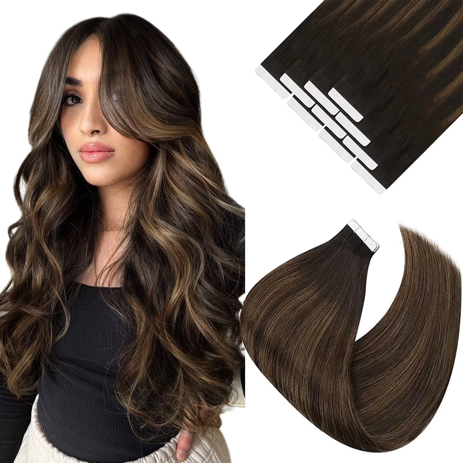 Ve Sunny Invisible Tape In Hair Extensions Human Hair Brown Tape In Human Hair Extensions Ombre Darkest Brown Balayage Medium Br