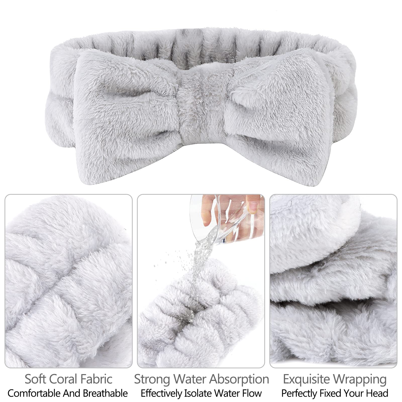 Casoty 6 Pcs Grey Spa Headband, Bow Hair Band, Soft Coral Fleece Makeup Headband, Hair Band For Washing Face, Skincare Headbands