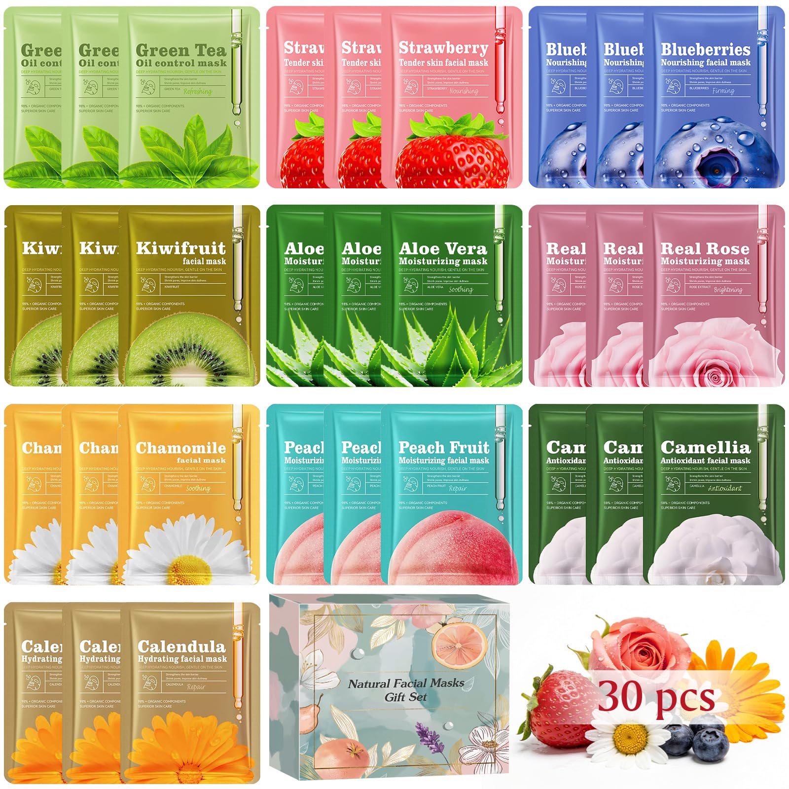 Aottom 30pcs Face Masks Skincare, Bulk Facial Masks for Women Skin Care, Sheet Masks with Natural Ingredients, Gifts Set for Fac