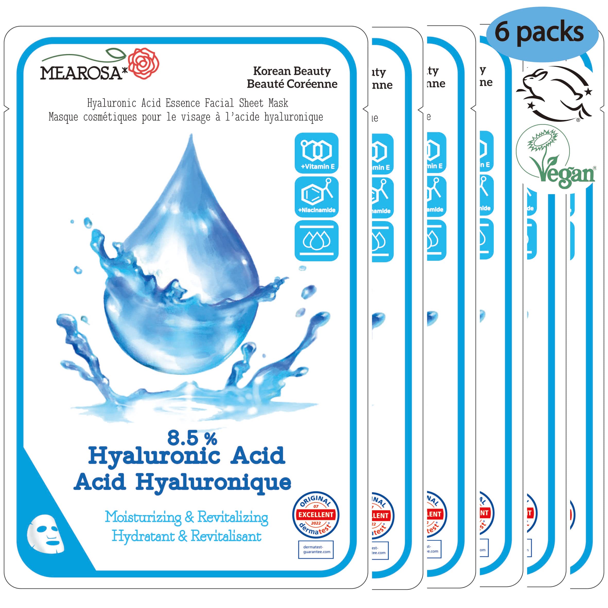 Mearosa* Dermatologically Tested, 8.5% Hyaluronic Acid, Niacinamide, Vitamin E Vegan Formula Essence Facial Sheet Masks Premium