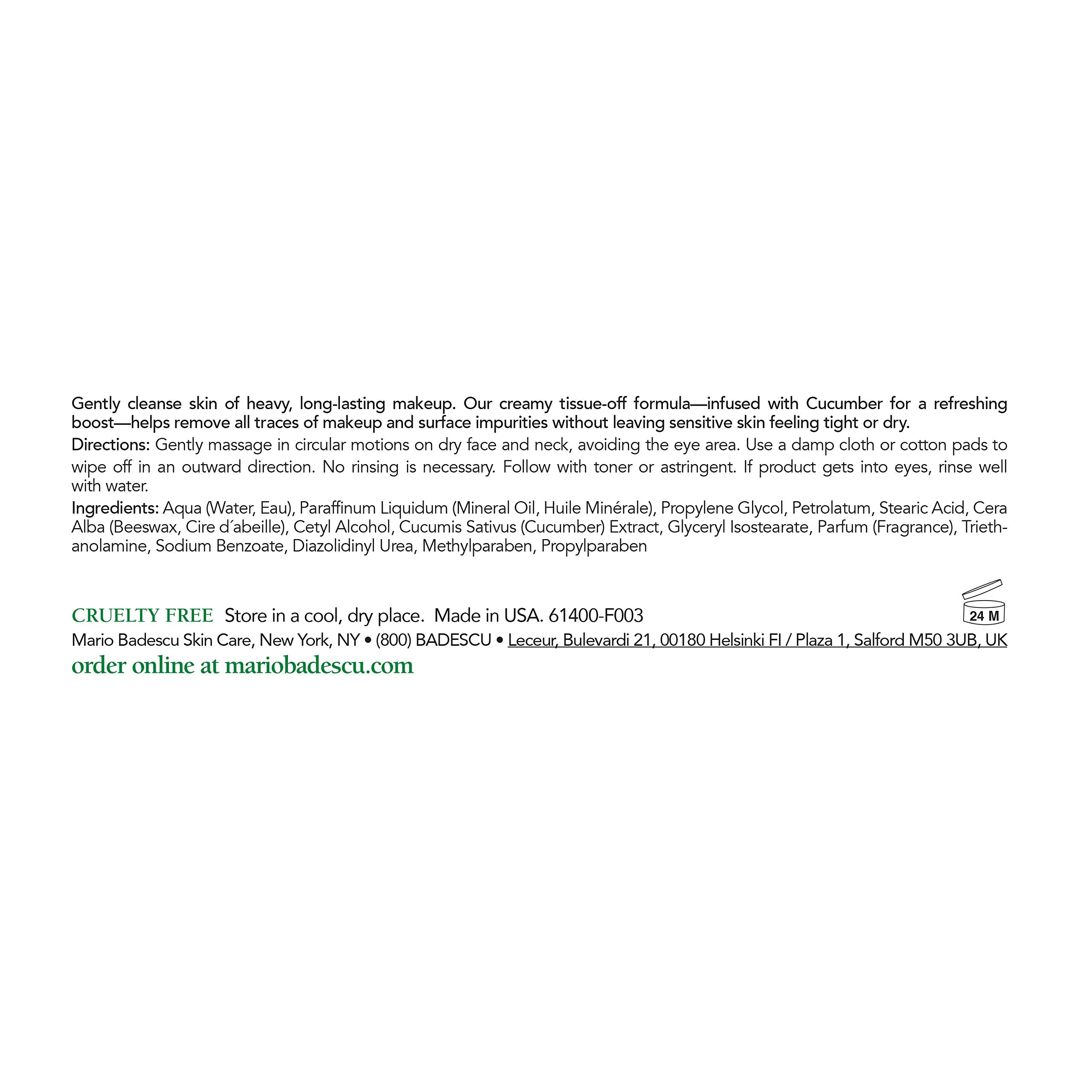 Mario Badescu Cucumber Makeup Remover Cream With Non-Greasy Formula - Emollient Cold Cream Makeup Remover For Heavy And Waterpro