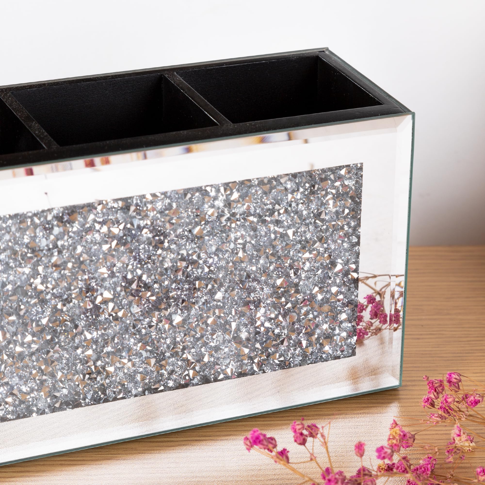 Shyfoy 4-Compartment Makeup Brush Holder, Mirrored Makeup Organizer With Crushed Diamond Crystals, Vanity Cosmetics Organizer So