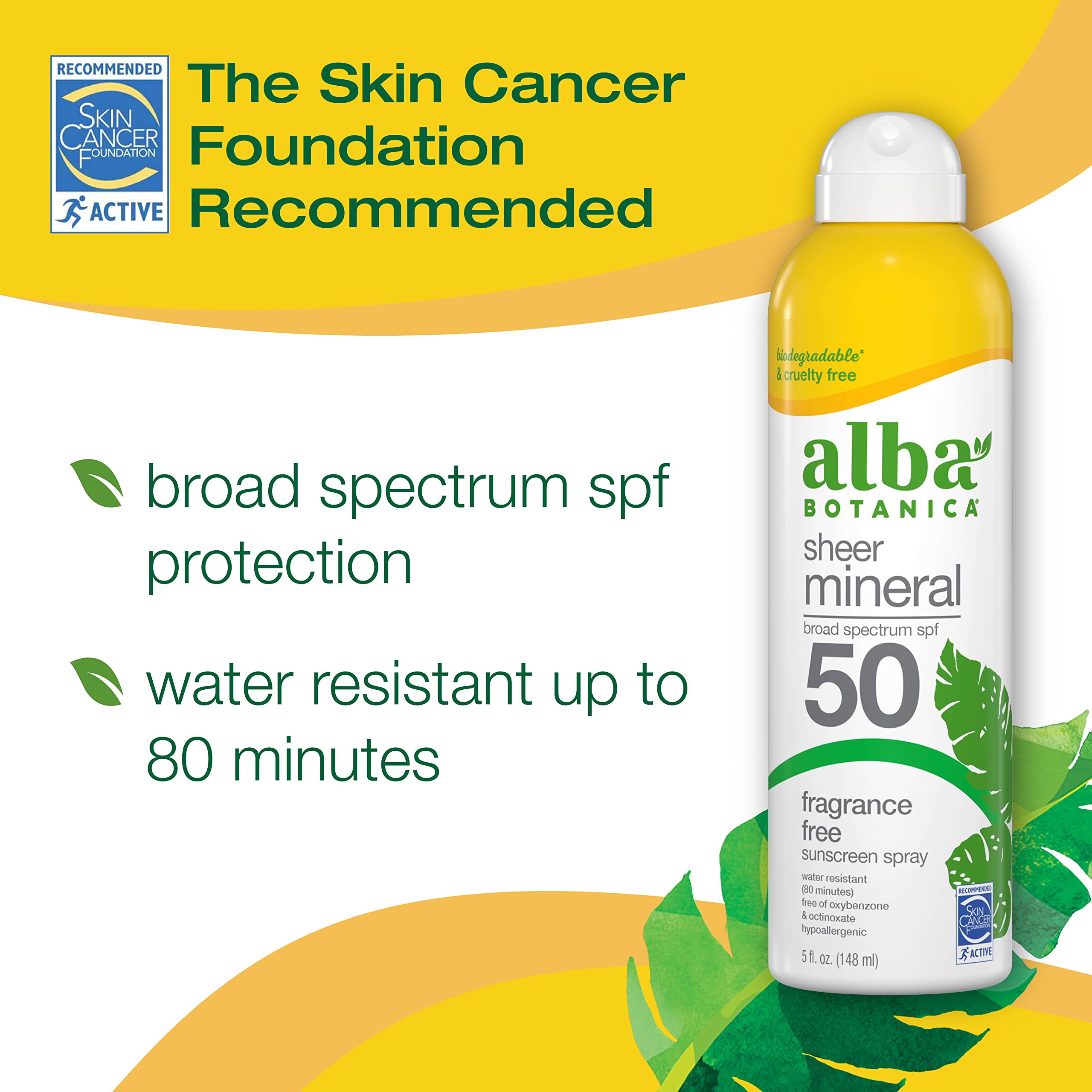 Alba Botanica Sheer Mineral Sunscreen Spray, Spf 50, Fragrance-Free Broad Spectrum, Water Resistant And Biodegradable, 5 Fl. Oz.