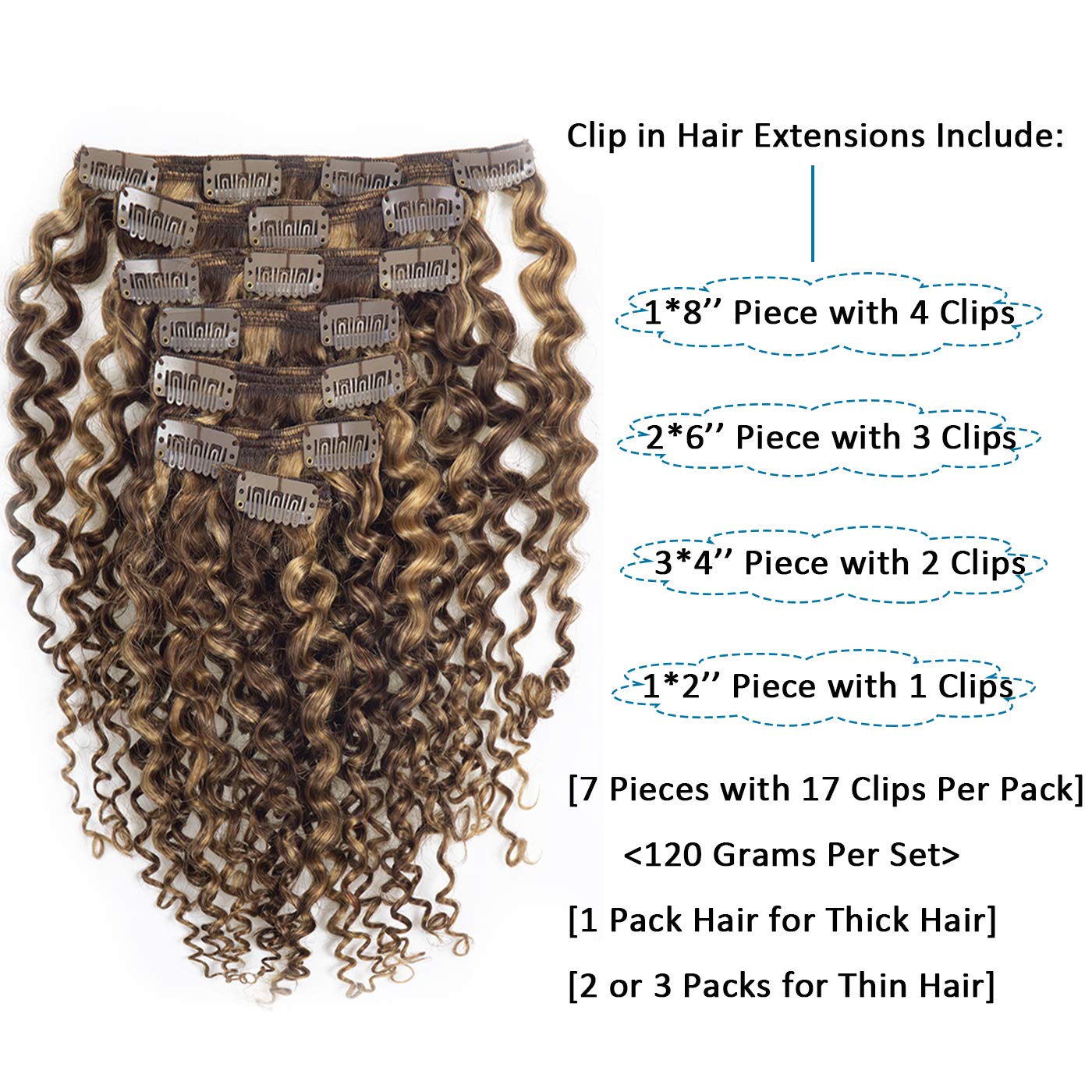 Caliee 18Inch Human Hair Jerry Curly Clip In Hair Extensions Highlight Piano Dark Brown Mixed With Strawberry Blonde For Women 3