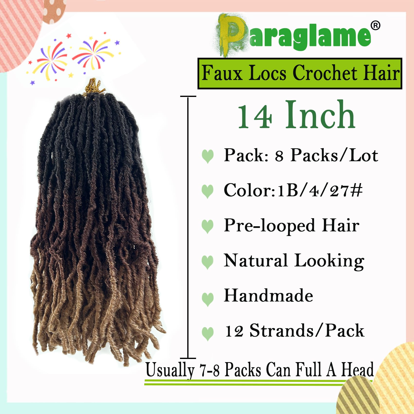 Paraglame Ombre Soft Locs 14 Inch New Faux Locs Crochet Hair 8 Packs Pre-Looped Crochet Braids Short Soft Goddess Locs Curly Wav
