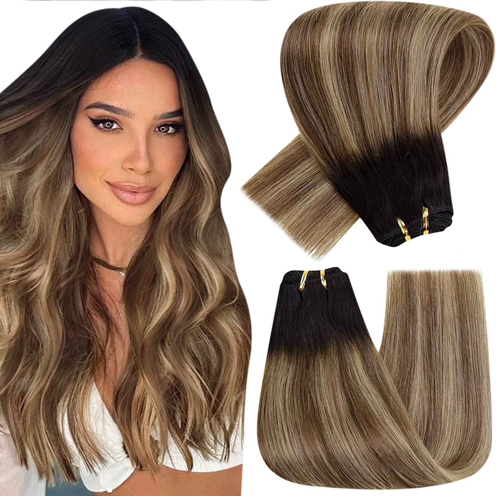 Hetto Ombre Weft Hair Extensions Human Hair Sew in Weft Extensions 18 Inch 100g #1B/6/27 Black to Brown Highlighted Blonde Balay
