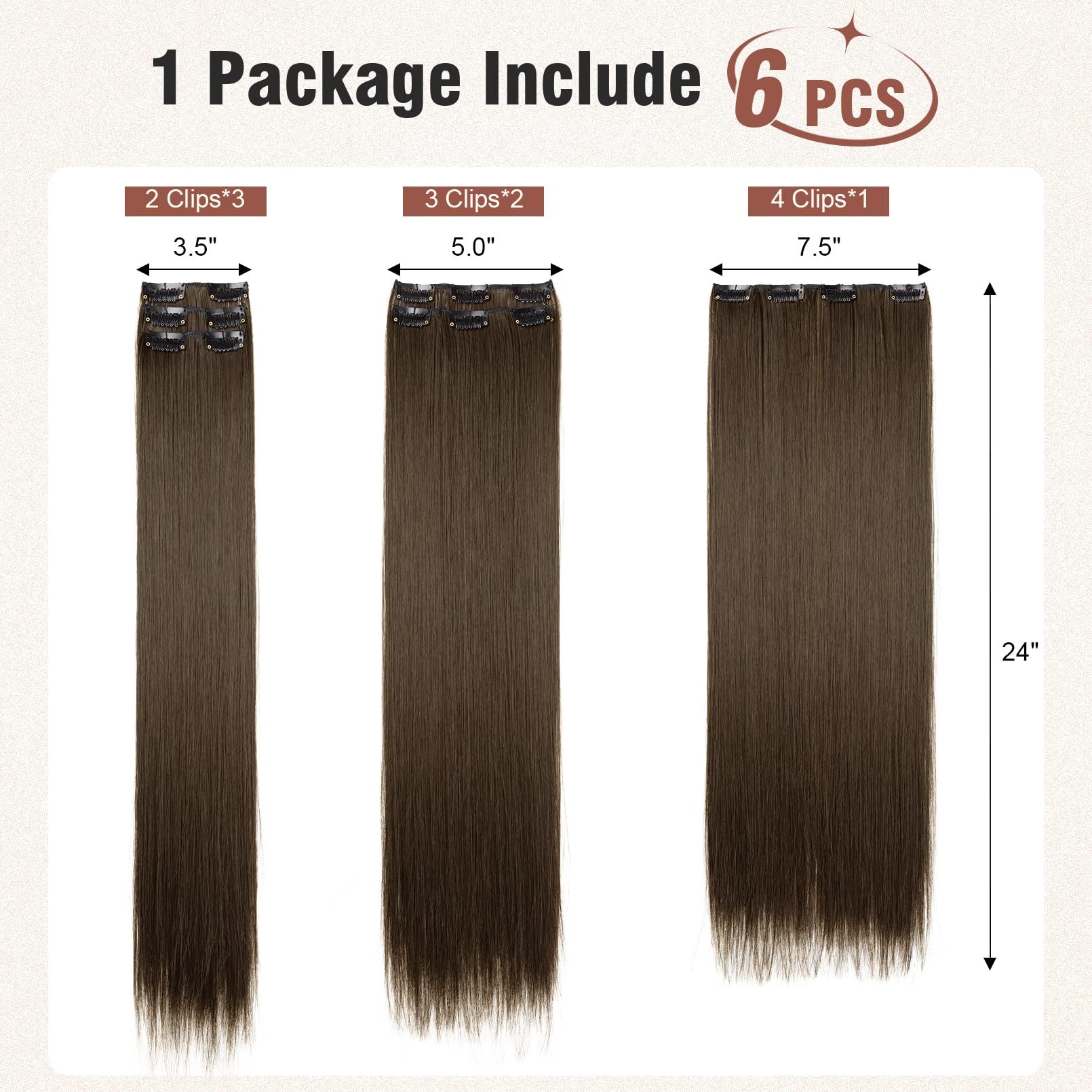Flufymooz 6Pc Clip In Hair Extensions 24'' Straight Long Extensions For Women Synthetic Hairpiece (Chestnut Brown)
