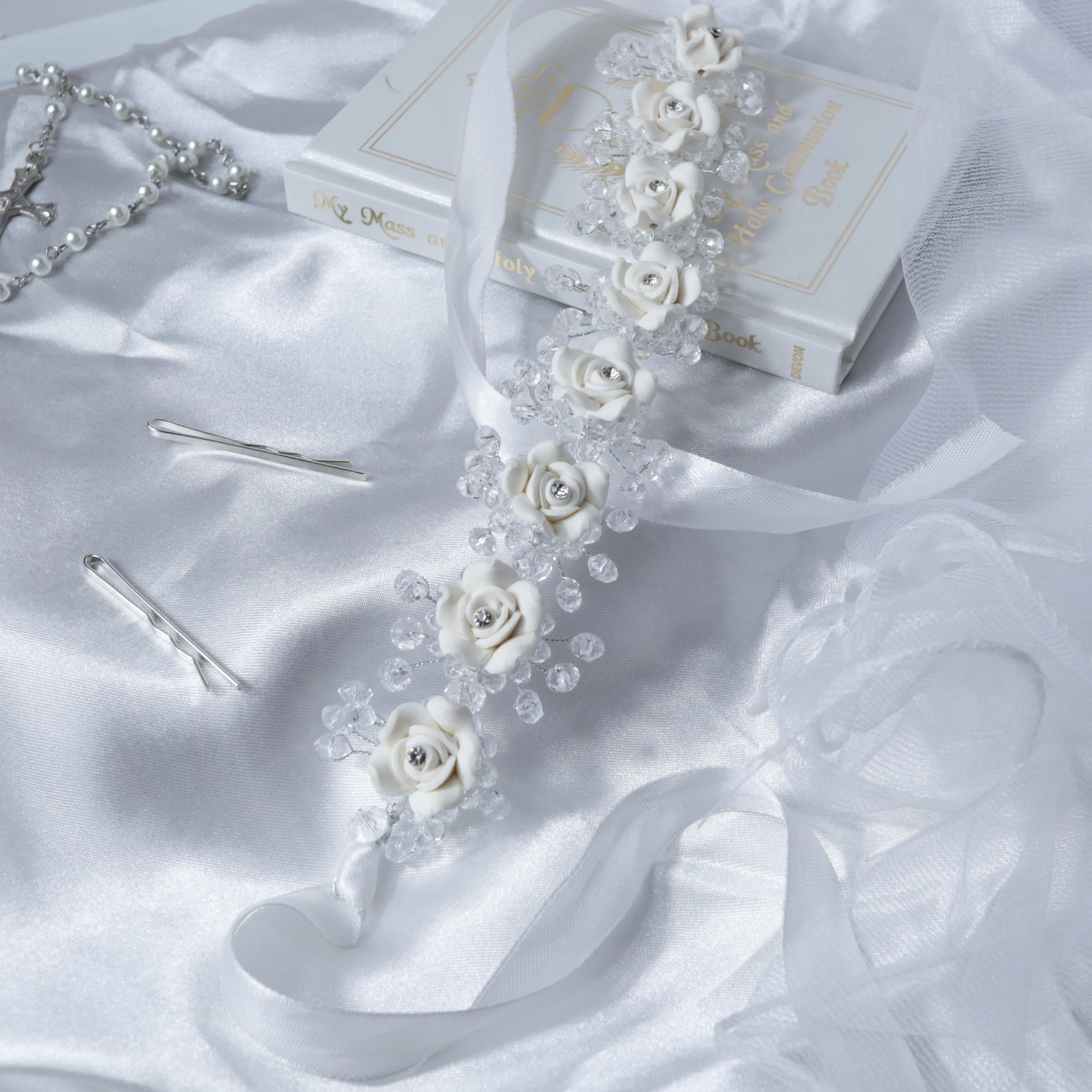 Needzo First Communion Flower Headband with Ribbon Hair Accessory, Perfect for Weddings and Special Occasions, One Size Fits Mos