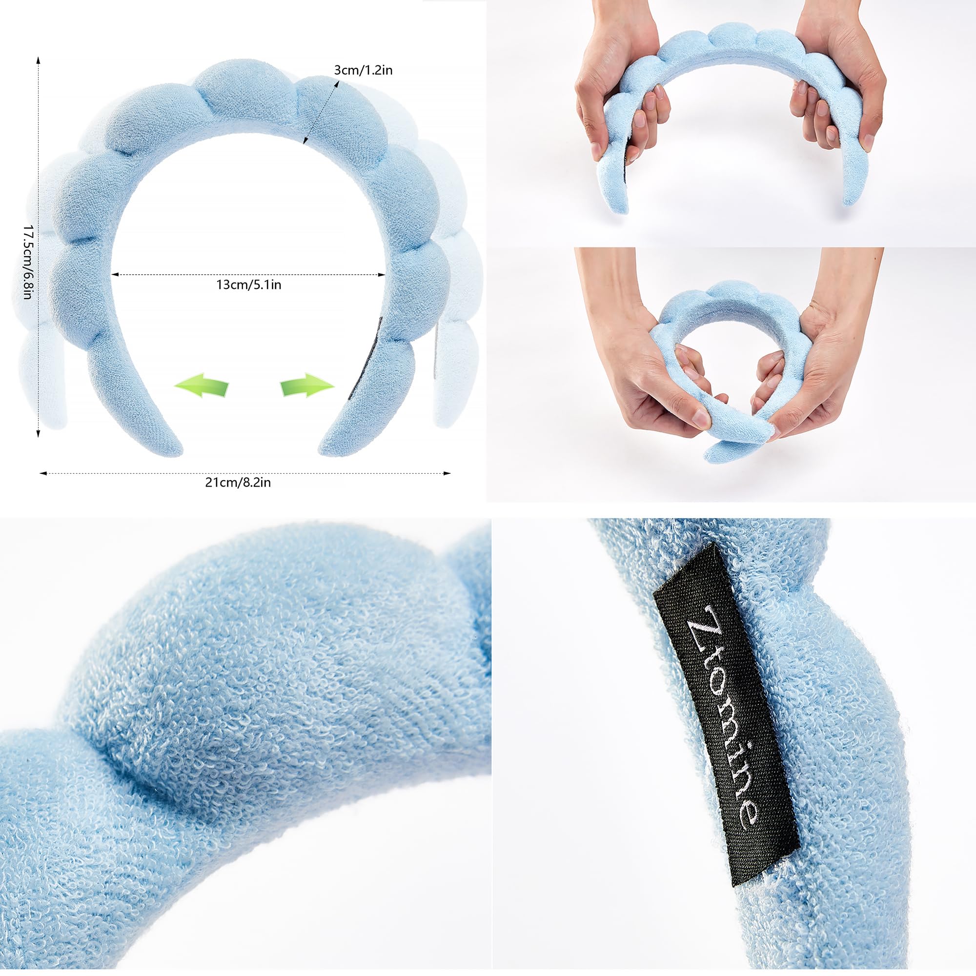 Ztomine Spa Terry Cloth Facial Headbands, Set Of 2 Skincare Combo Pack - Puffy Makeup Headbands For Face Washing And Masks (Blue