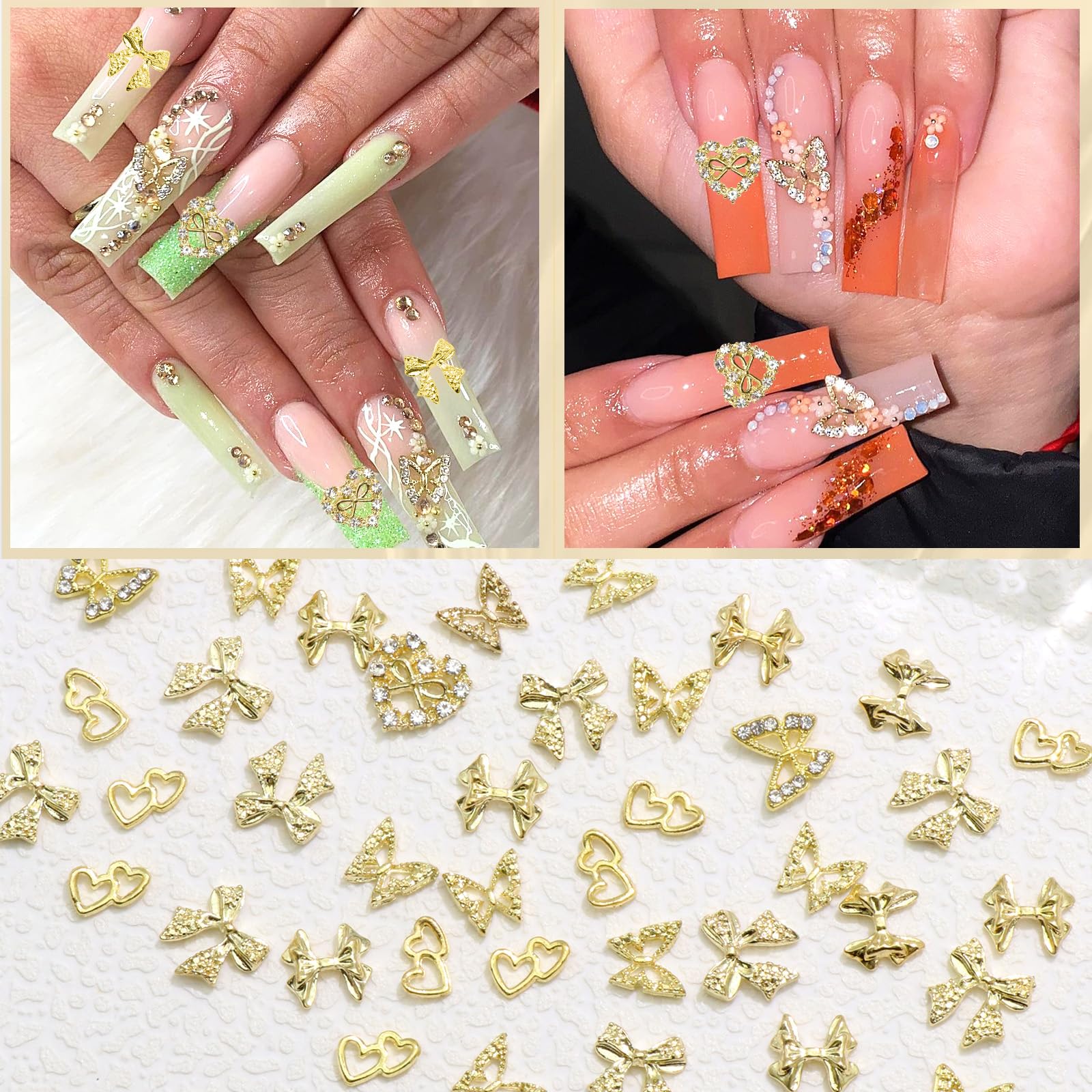 Rodaky 44Pcs Gold Nail Charms 3D Bow Butterfly Charms For Nails Metal Heart Nail Gems Multi Style Luxury Nails Decoration For Ma