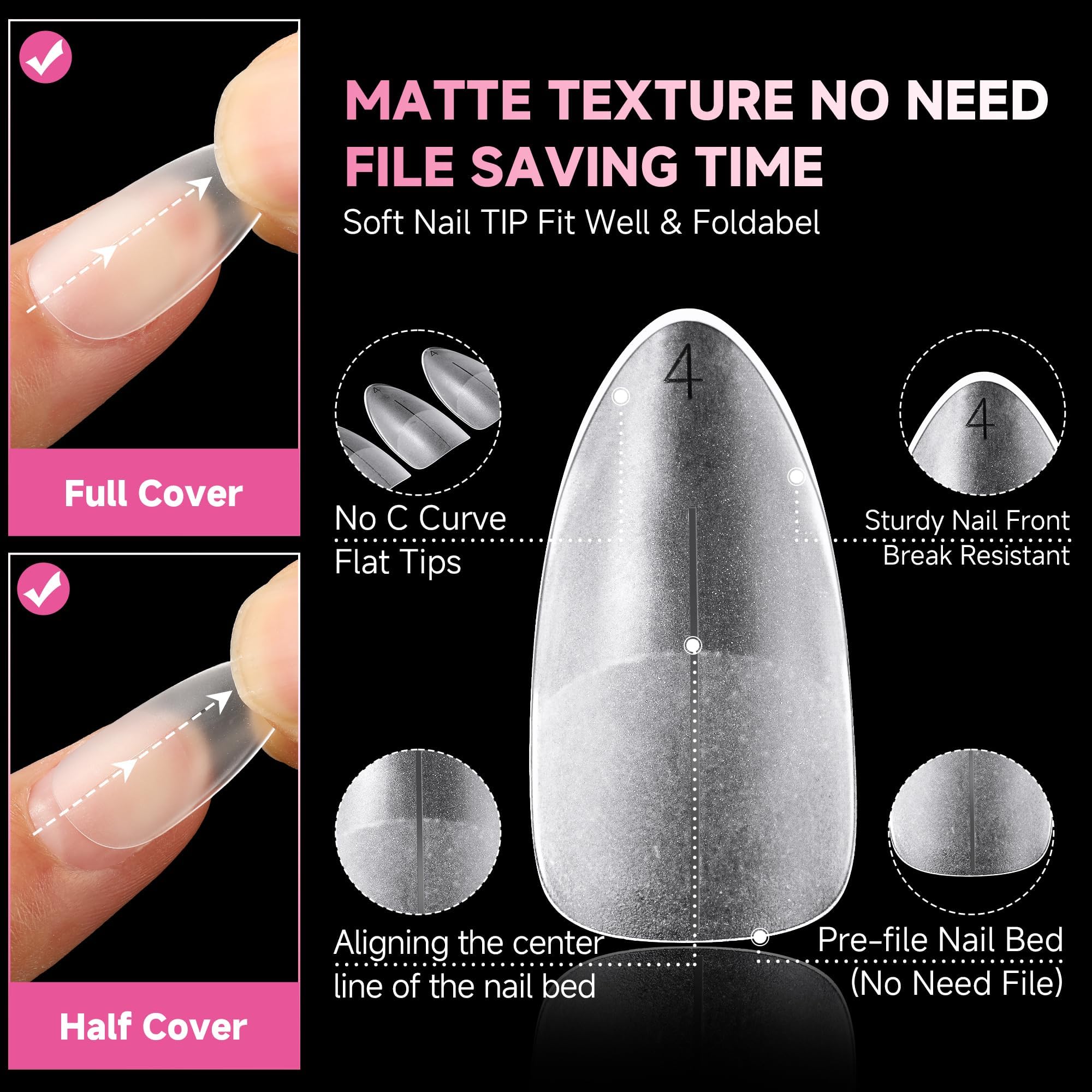 Una Gella Almond Nail Tips, 15 Sizes Almond Gel X Nail Tips, 312Pcs Full Matte Surface Nail Tips Clear Full Cover Soft Gel Nail
