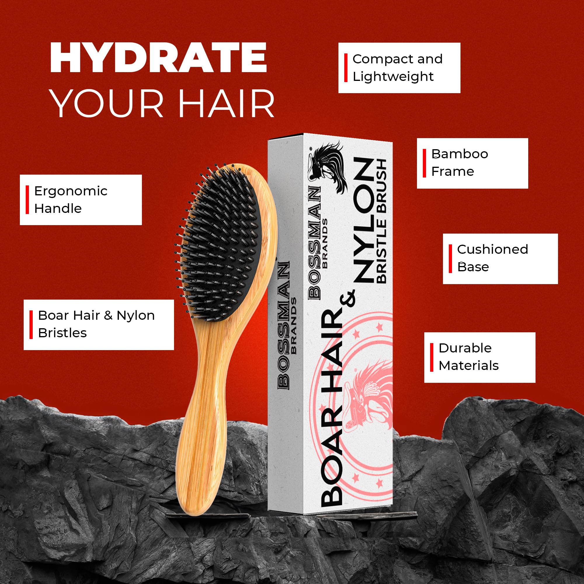 Bossman Men's Boar and Nylon Bristle Hair and Beard Brush - Detangling & Straightening Wooden Oval Wet Brush - Ergonomic Bamboo