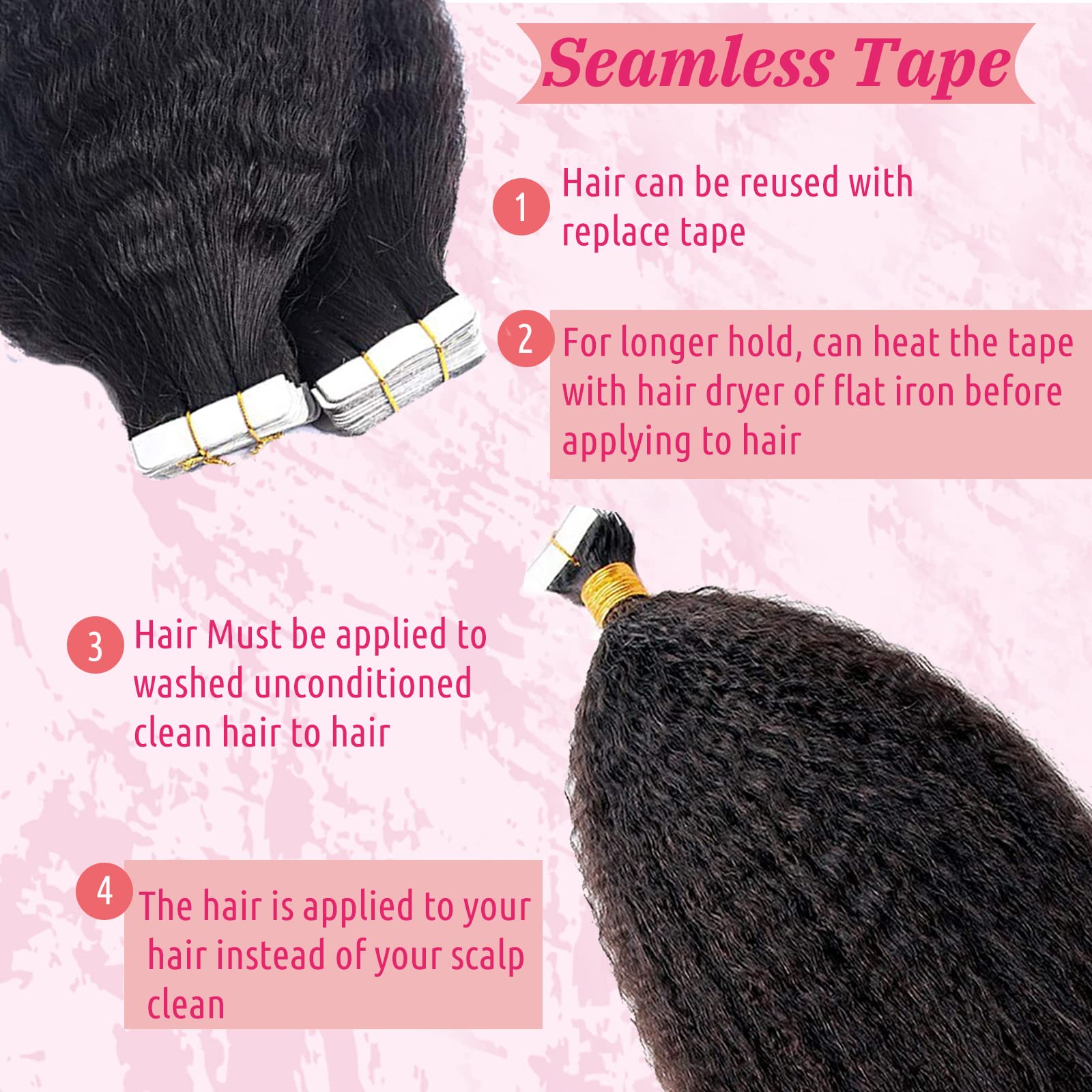 Kinky Straight Tape In Human Hair Extensions For Black Women,Kinky Straight 100% Real Human Hair Tape In Natural Black 40Pcs 100