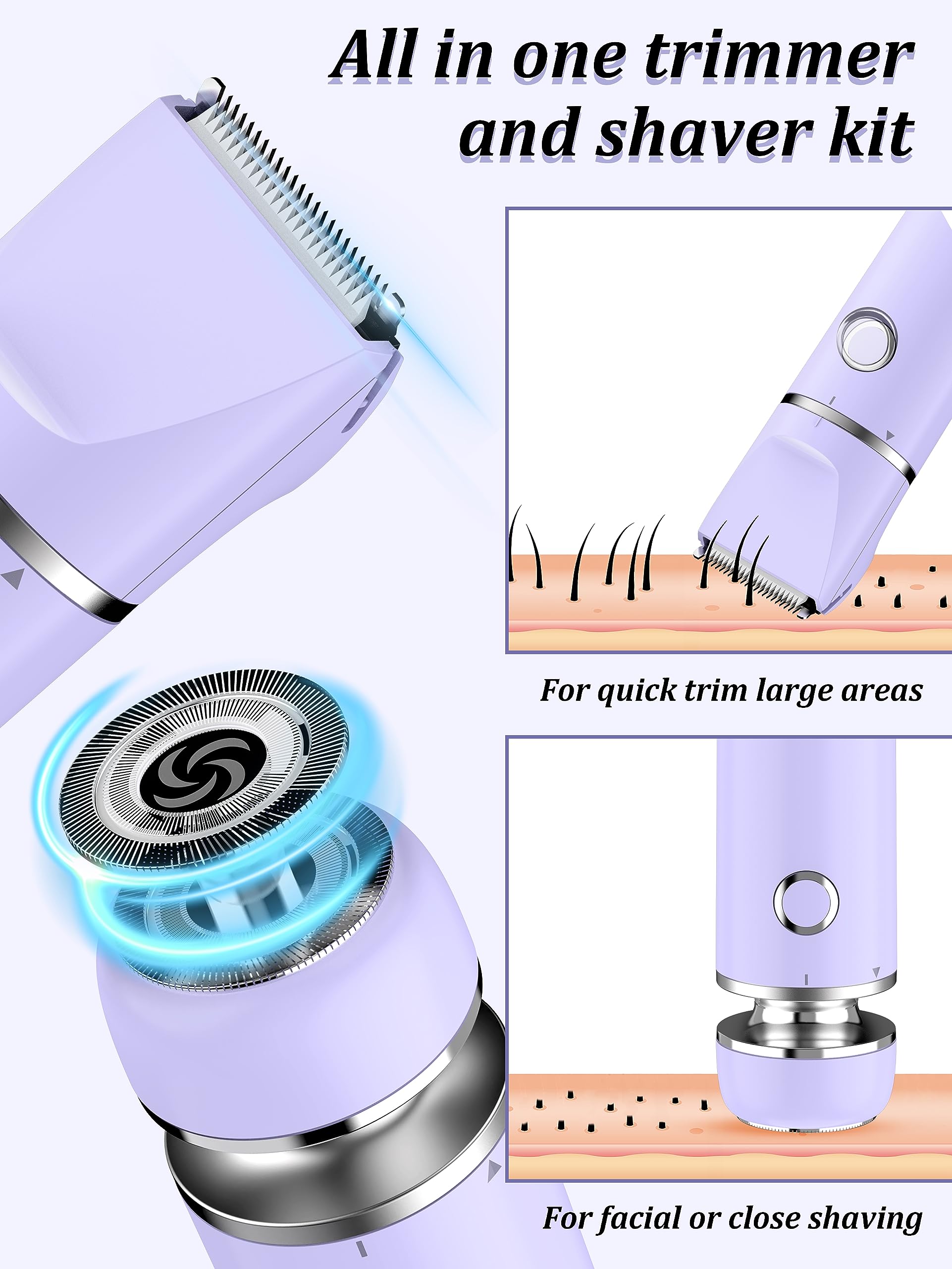 Cayzor Bikini Trimmer And Shaver Kit For Women - 2-In-1 Wet/Dry Electric Body Hair Trimmer Facial Hair Removal Cordless Waterpro