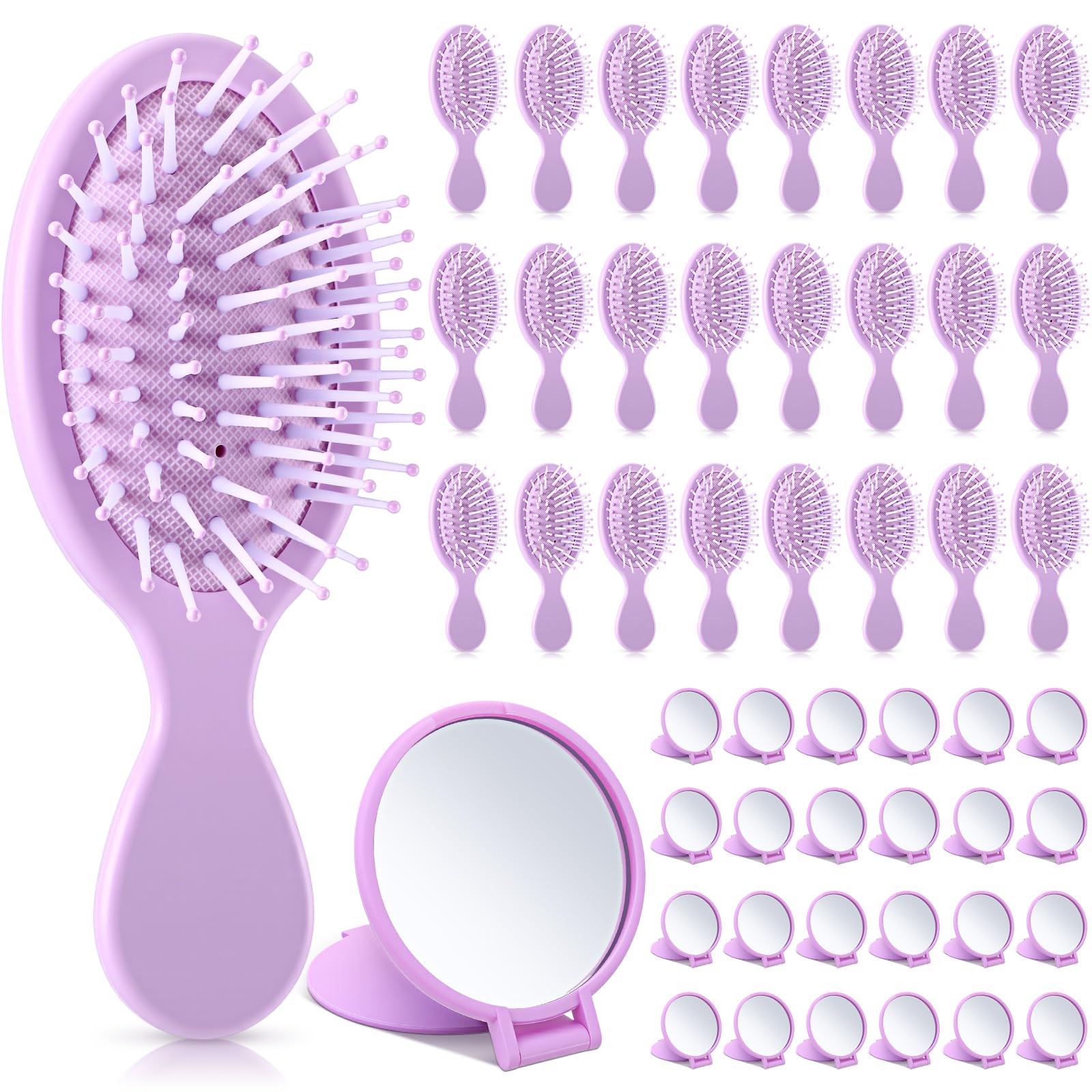Meanplan 48 Pcs Mini Hair Brush Set 24 travel Wet Dry Hair Combs Pocket Detangling 24 Compact Folding Makeup Mirrors for Spa Sle