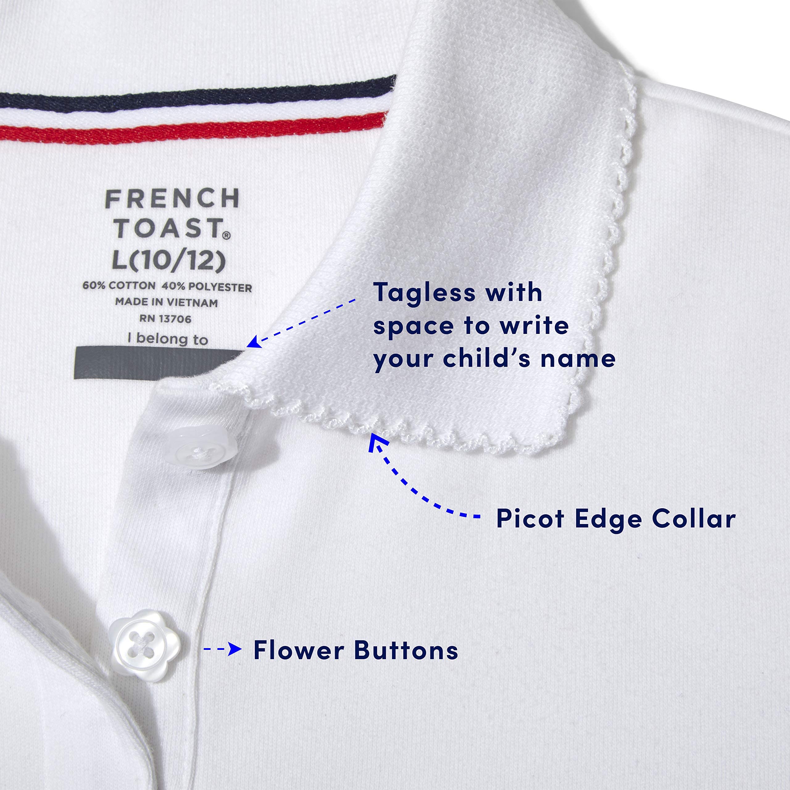 French Toast girls Short Sleeve Picot collar (Standard  Plus) Polo Shirt, White, 14-16 US