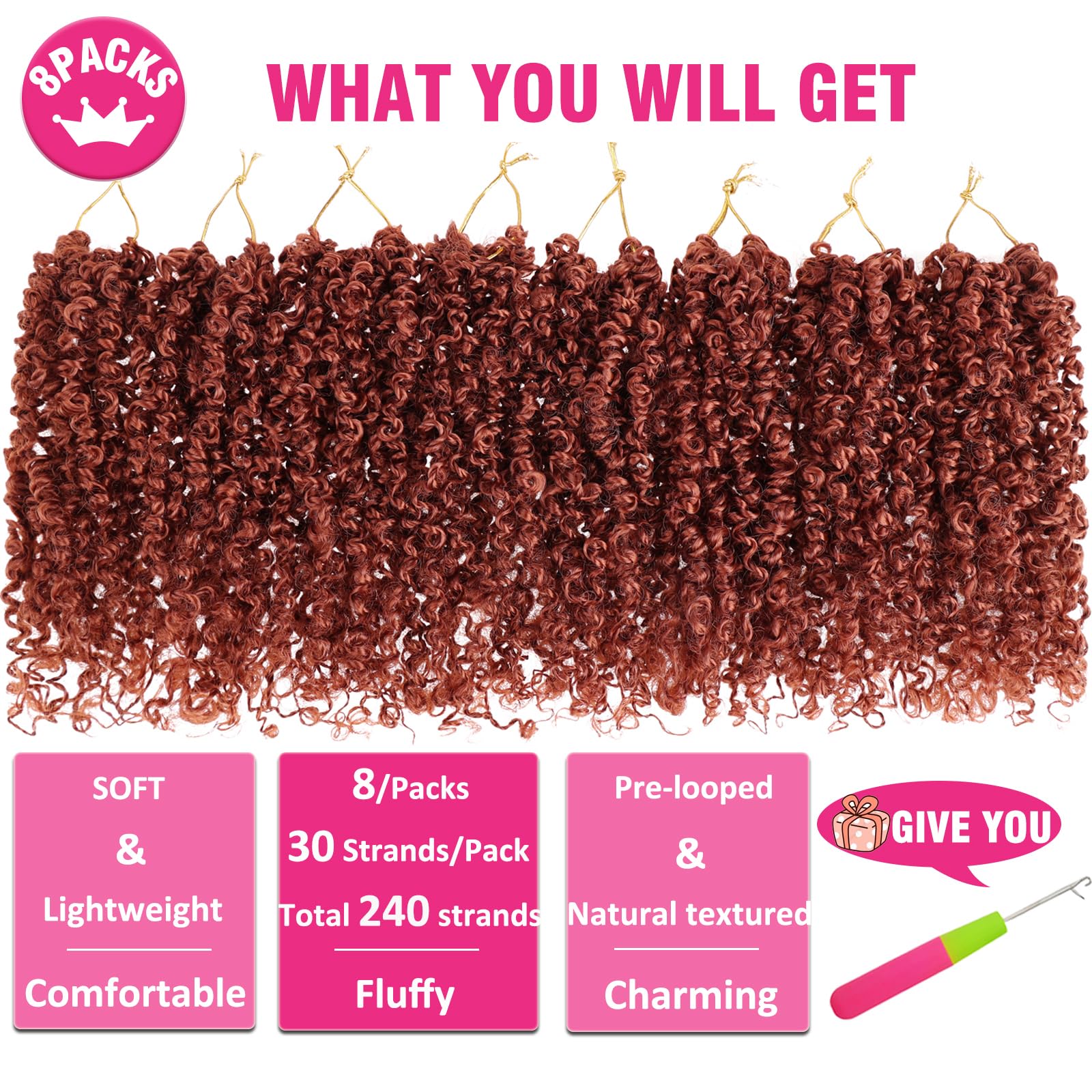 Unionbeauty 8 Inch 8 PCS Yanky Twist Crochet Hair Copper Red Pre-Twisted Passion Twist Crochet Braids Hair Ginger Synthetic Croc