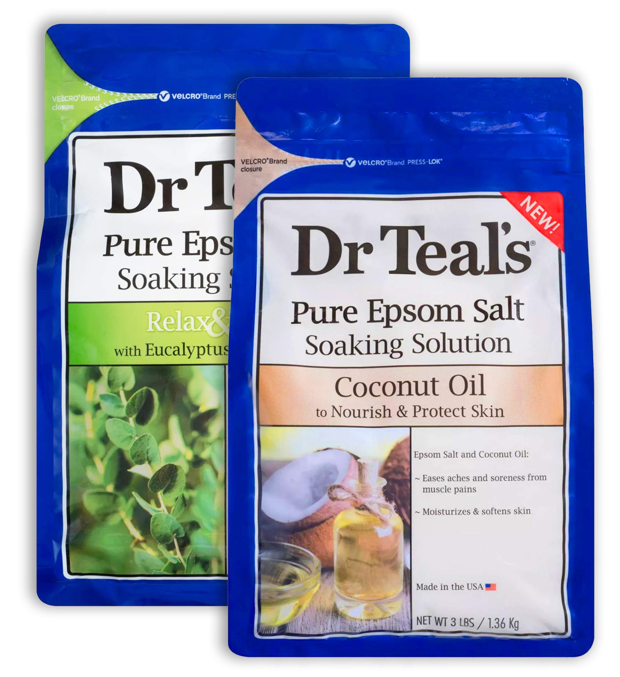 Dr Teal's Epsom Salt Bath Variety Gift Set (2 Pack, 3lb Ea) - Relax & Relief Eucalyptus & Spearmint, Nourish & Protect Coconut -