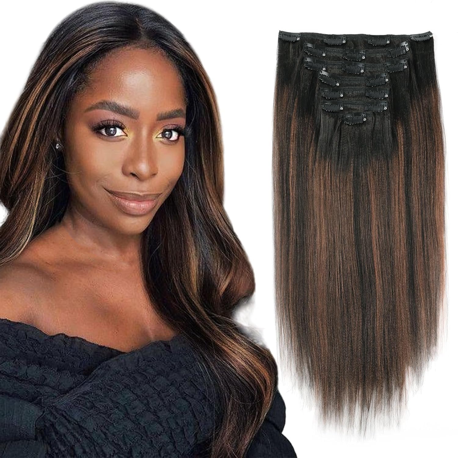 ABH AMAZINGBEAUTY HAIR Yaki Straight Clip ins Rooted Black Piano Natural Black #1B With Chocolate Brown #4 Two Tone Light Yaki C