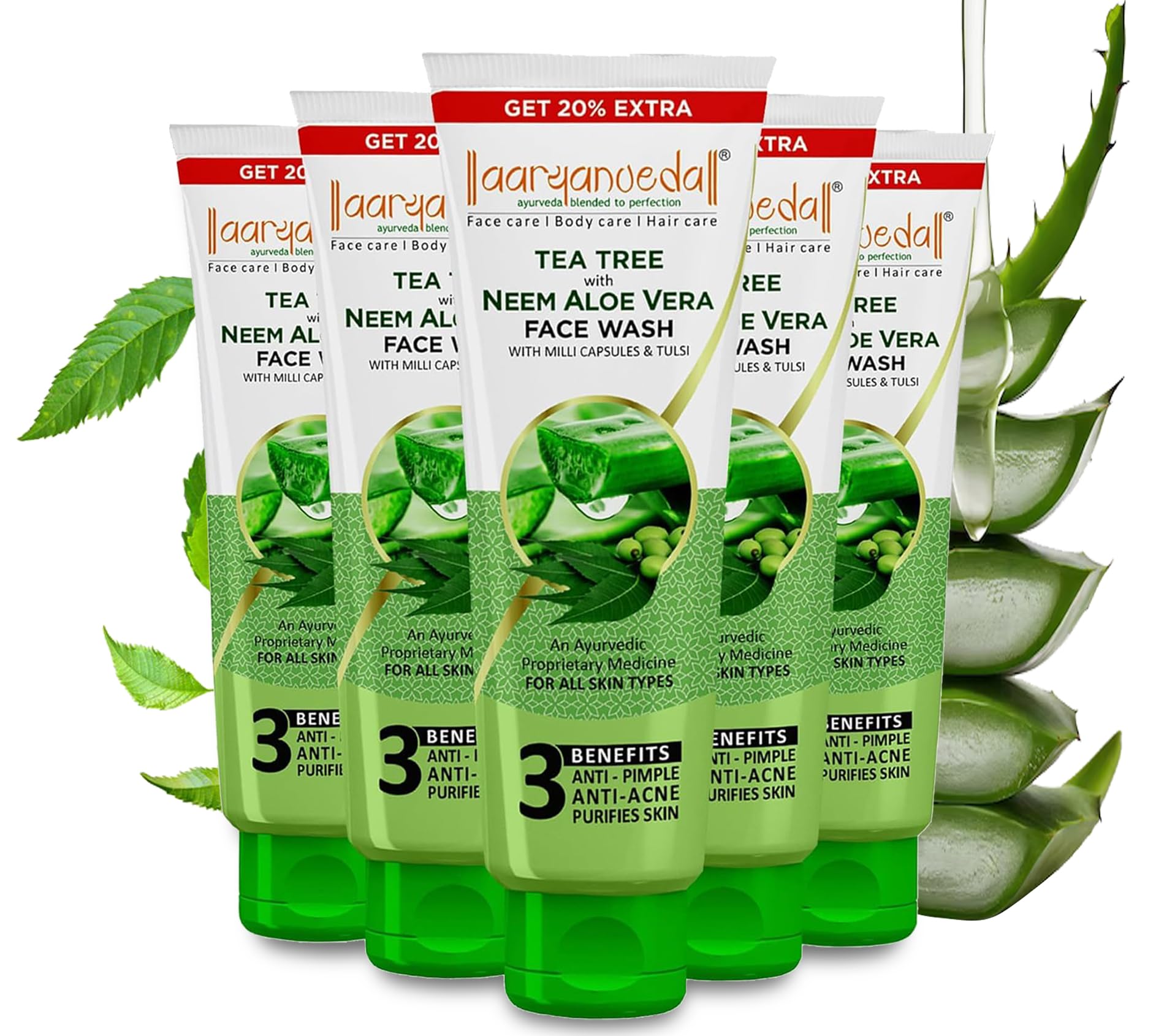 Aryanveda Tea Tree Face Wash With Neem & Tulsi (120Ml Each) - Pack Of 5 | Anti-Inflammatory, Anti-Bacterial | Anti-Pimple & Anti