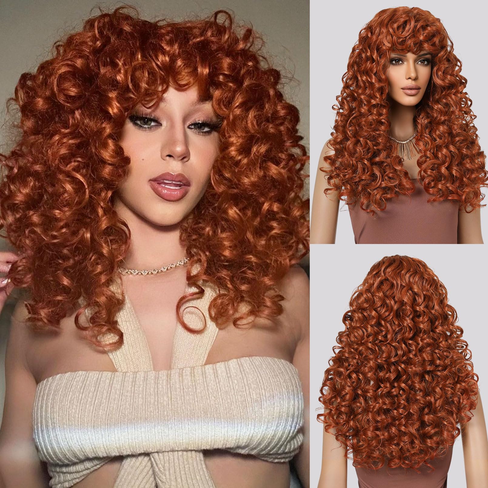 LONAI Copper Red Curly Wig Long Curly Wigs with Bangs for Women WIG006 Synthetic Hair Wig Vintage Hairstyle for Daily Use Party 