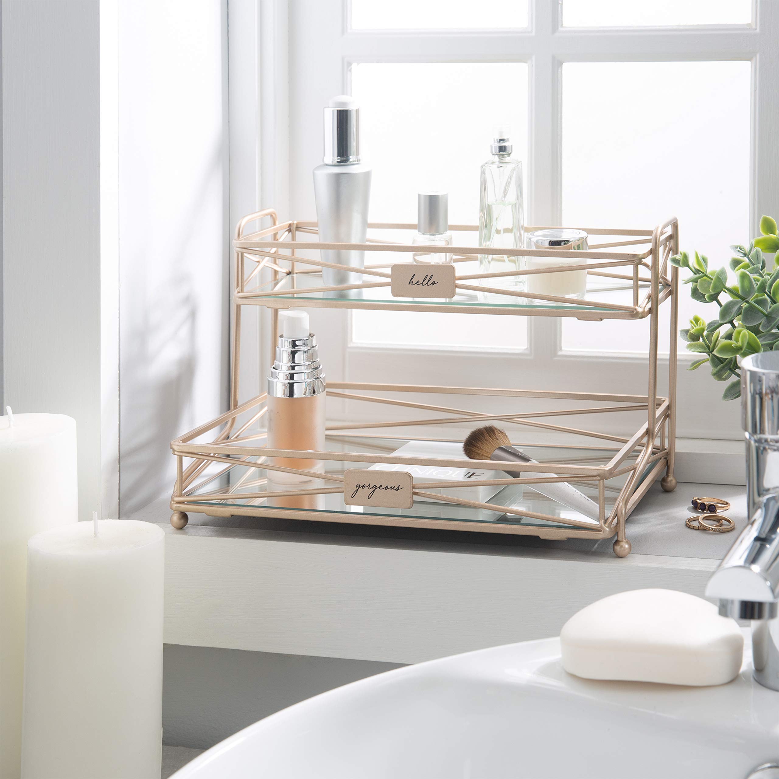 Home Details Mirrored, Perfect for Perfumes, Jewelry, Makeup, Cosmetic Organizer, Stylish Decor in Rose Gold 2 Tier Vanity Tower