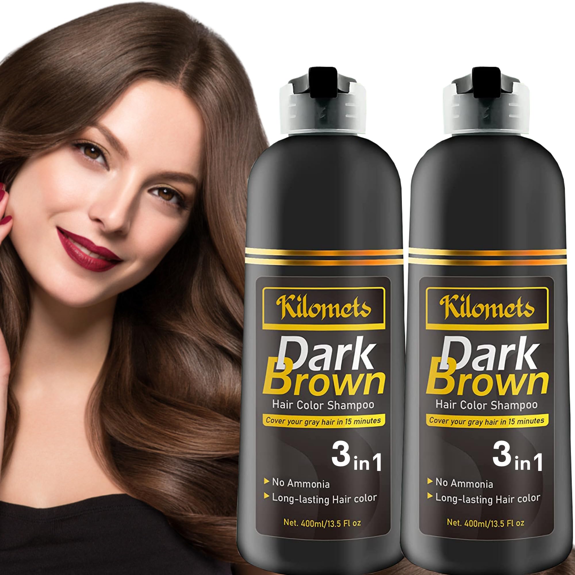 Kilomets Dark Brown Hair Dye Shampoo 400ml- 100% Grey Coverage in Minutes - Ammonia Free Hair Color Shampoo Gray Silver Hair (Da