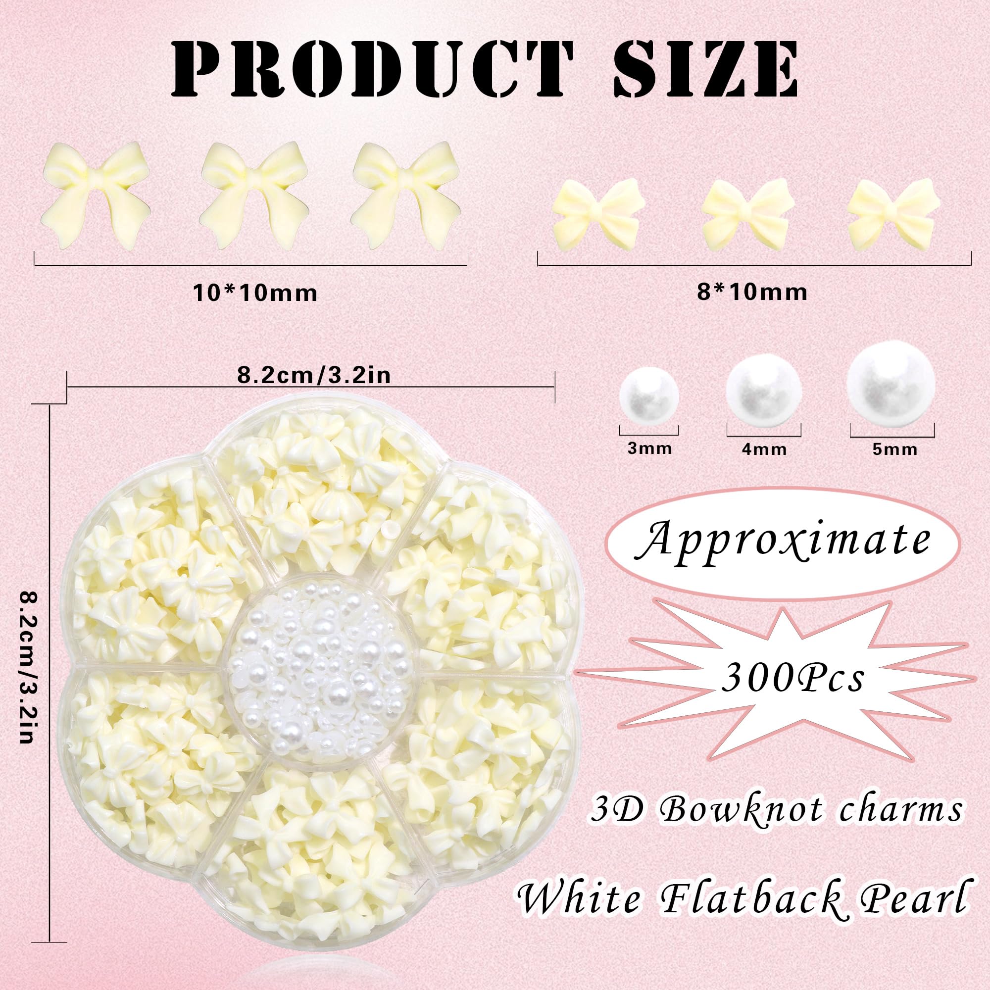 300Pcs Bow Nail Charms And Flatback Pearls,Beige Bowknot 3D Cute Nail Charms For Acrylic Nail Supplies Design,3-5Mm White Half P