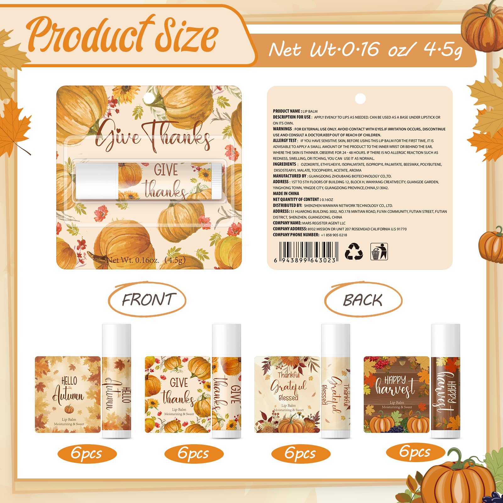 Qunclay 24 Pcs Thanksgiving Fall Pumpkin Lip Balm Bulk Maple Leaf Lip Balms Gifts Thanksgiving Baby Shower Party Supplies Thank