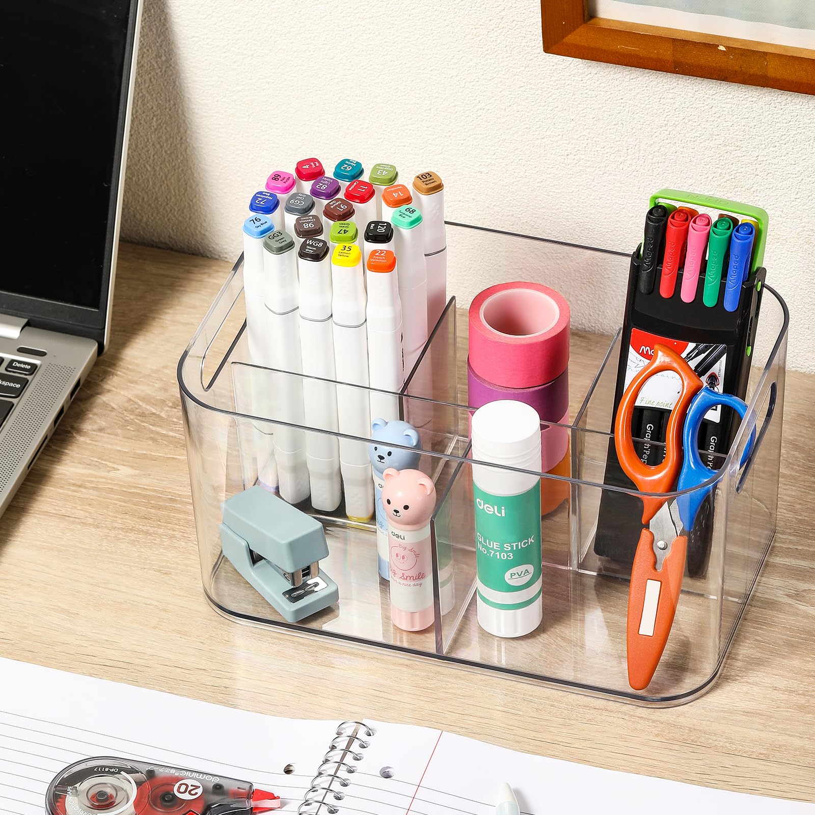 2 Pack, 5-Compartment Clear Plastic Bin - Divided Art Supplies, Cosmetic Makeup Caddy Organizer - Multiuse Storage Container For