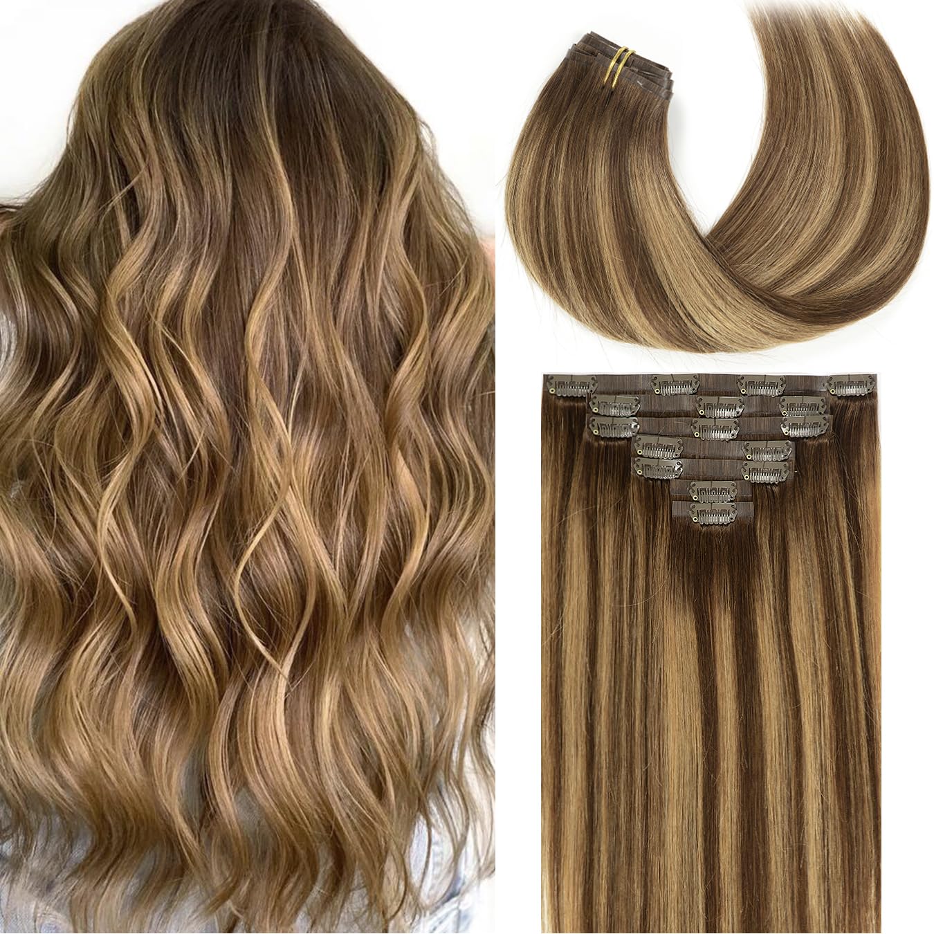 Loxxy Seamless Extensions Clip In Human Hair 20Inch 110G 7Pcs Chocolate Brown To Caramel Blonde With Brown Roots Thick Blonde Na