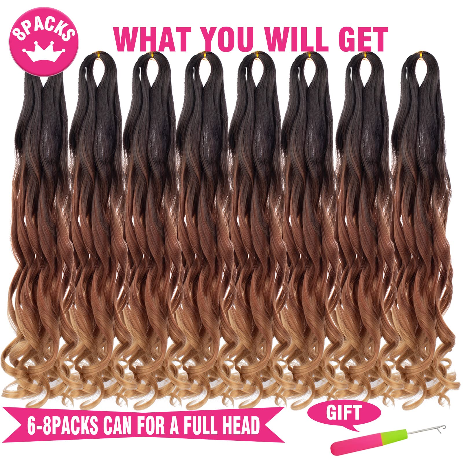 Unionbeauty 8 Pcs French Curly Braiding Hair 22 Inch Pre Stretched Bouncy Braiding Hair French Curl Crochet Braids Hair Loose Wa