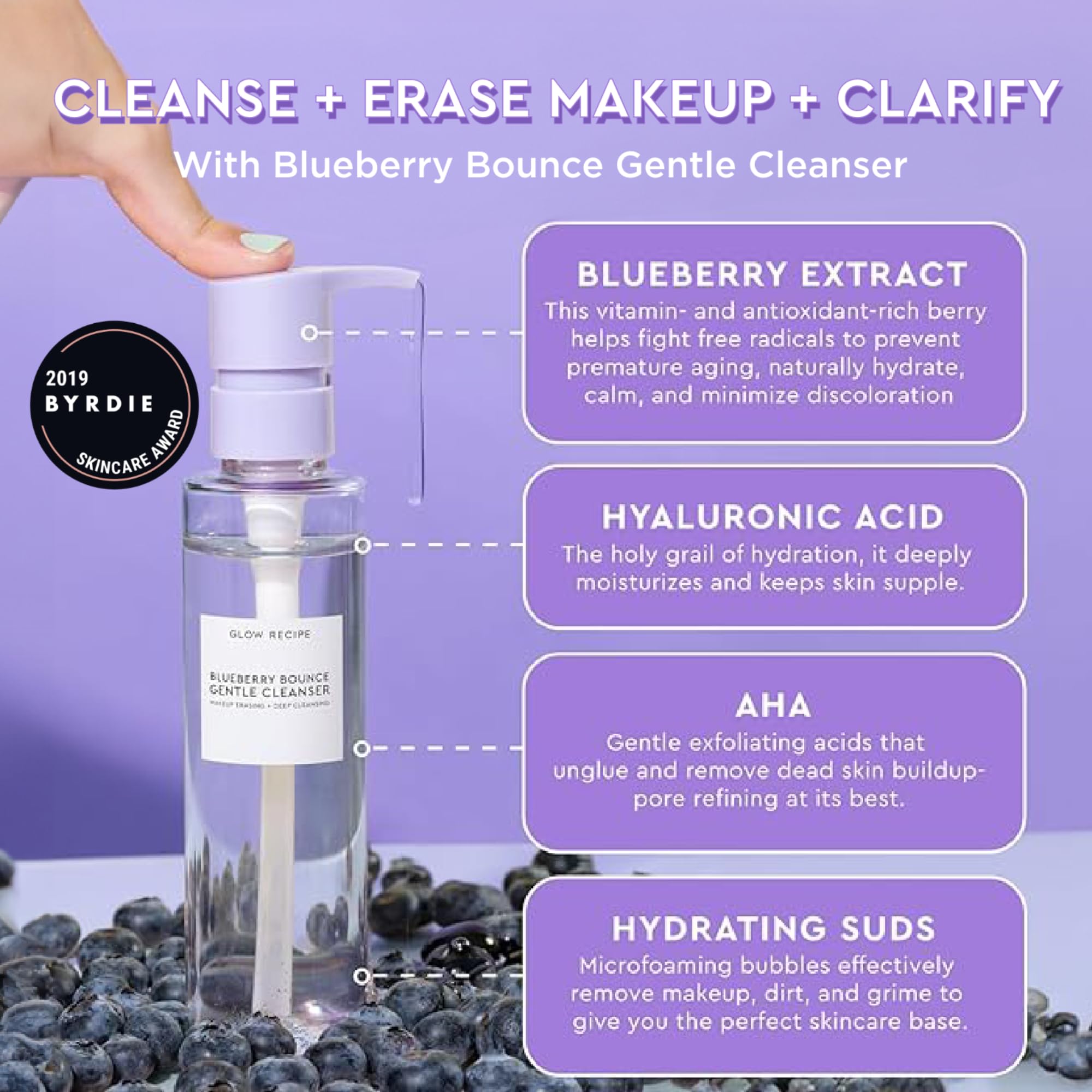 Glow Recipe Blueberry Bounce Gentle Face Cleanser - 3-In-1 Foaming Double Cleanser, Makeup Remover Face Wash & Clarifying Mask -