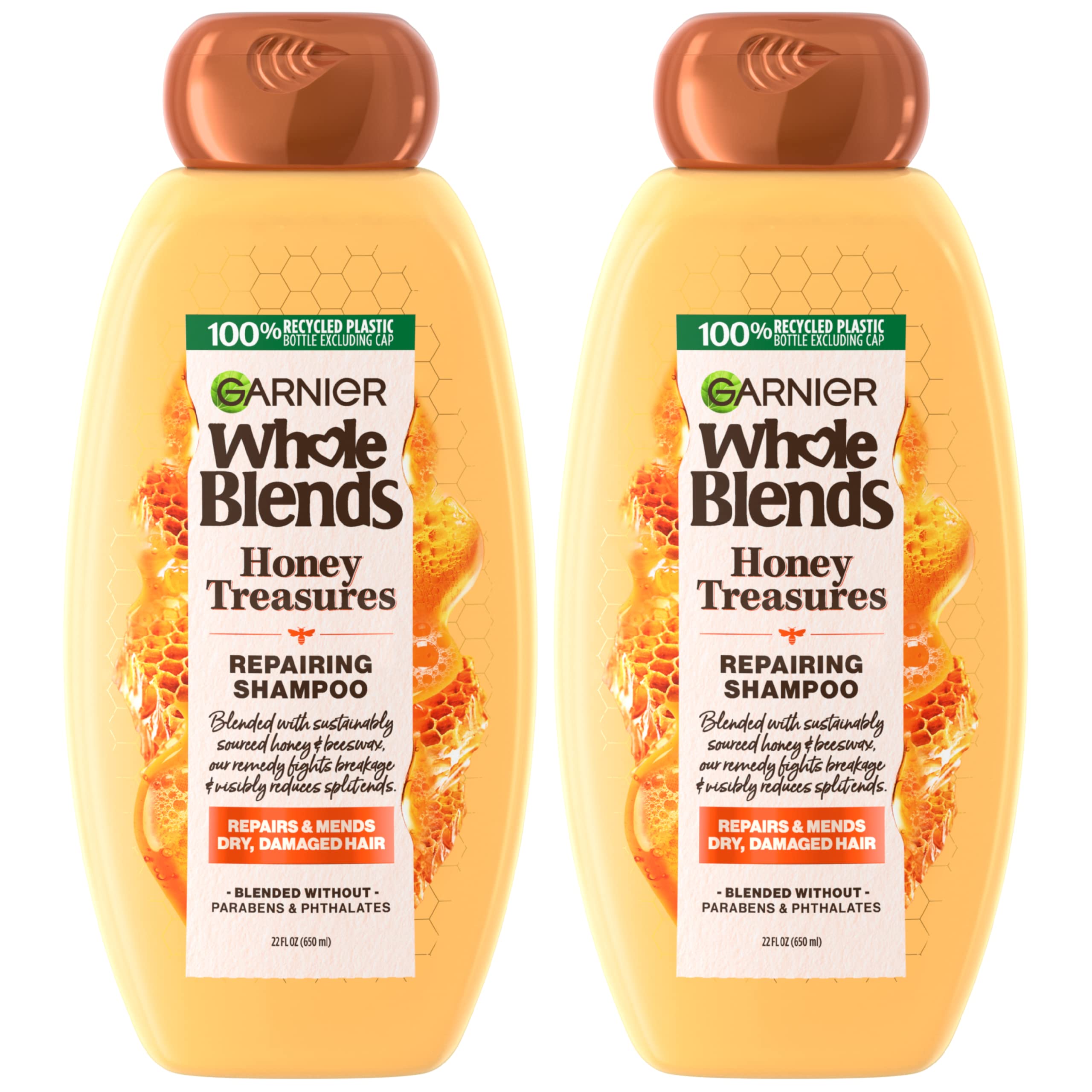 Garnier Whole Blends Honey Treasures Repairing Shampoo, for Dry, Damaged Hair, 22 Fl Oz, 2 Count (Packaging May Vary)