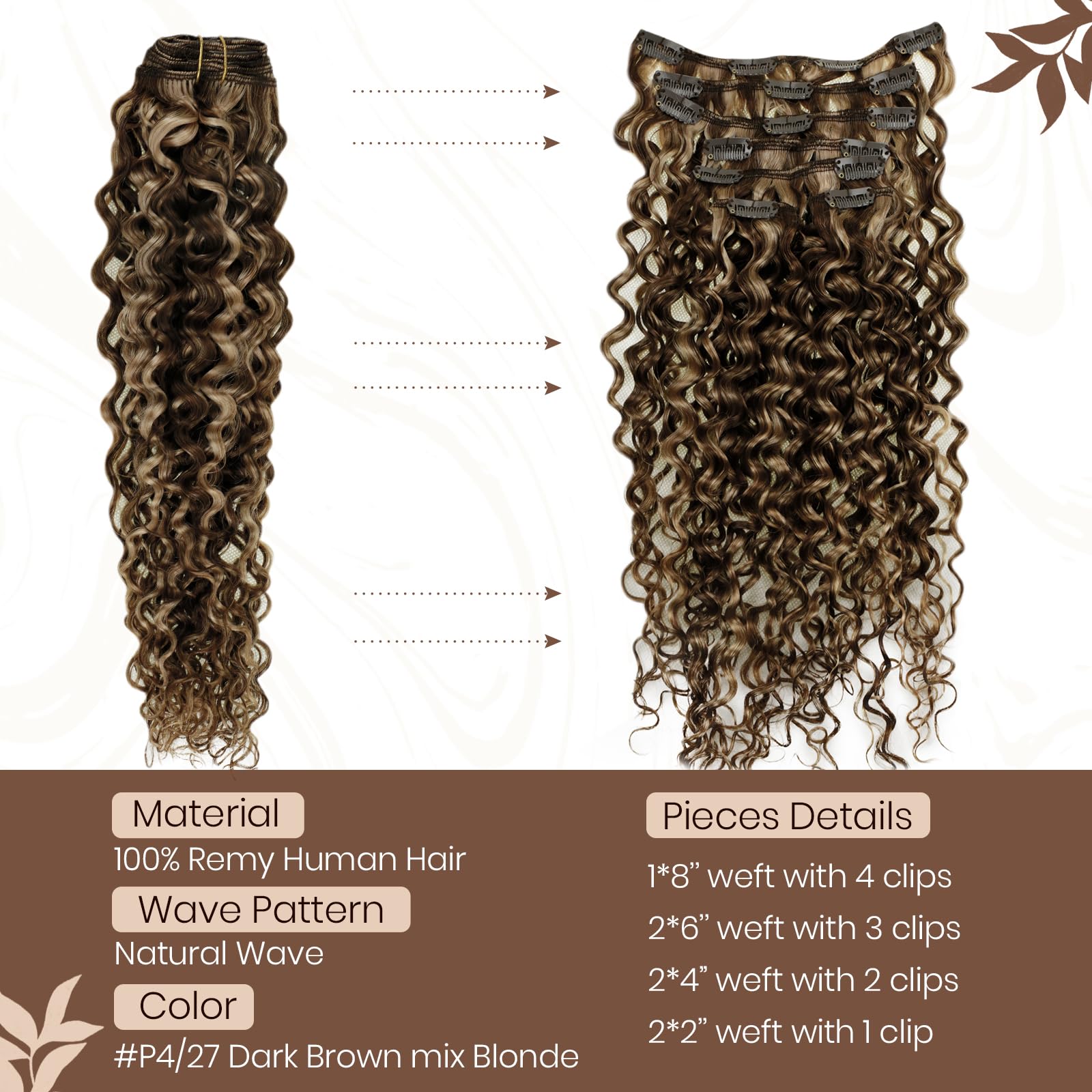 Hetto Curly Clip in Hair Extensions Human Hair Natural Wavy Clip in Human Hair Extensions #P4/27 Brown Highlight Blonde Curly Ha