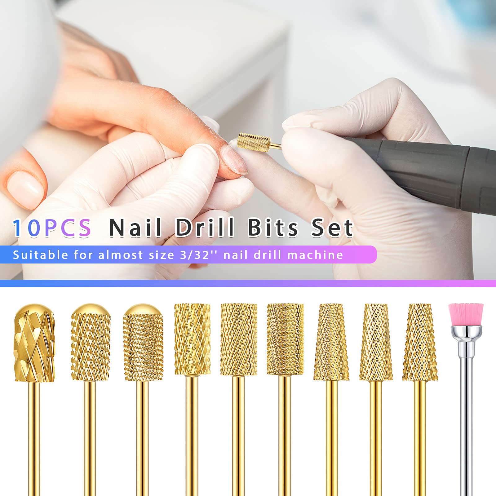 10 Pcs Nail Drill Bits Set, Tungsten Carbide Nail Bits For Nail Drill, Remove Acrylic Nail Gel Nail Polish, 3/32 Inch Bits Manic