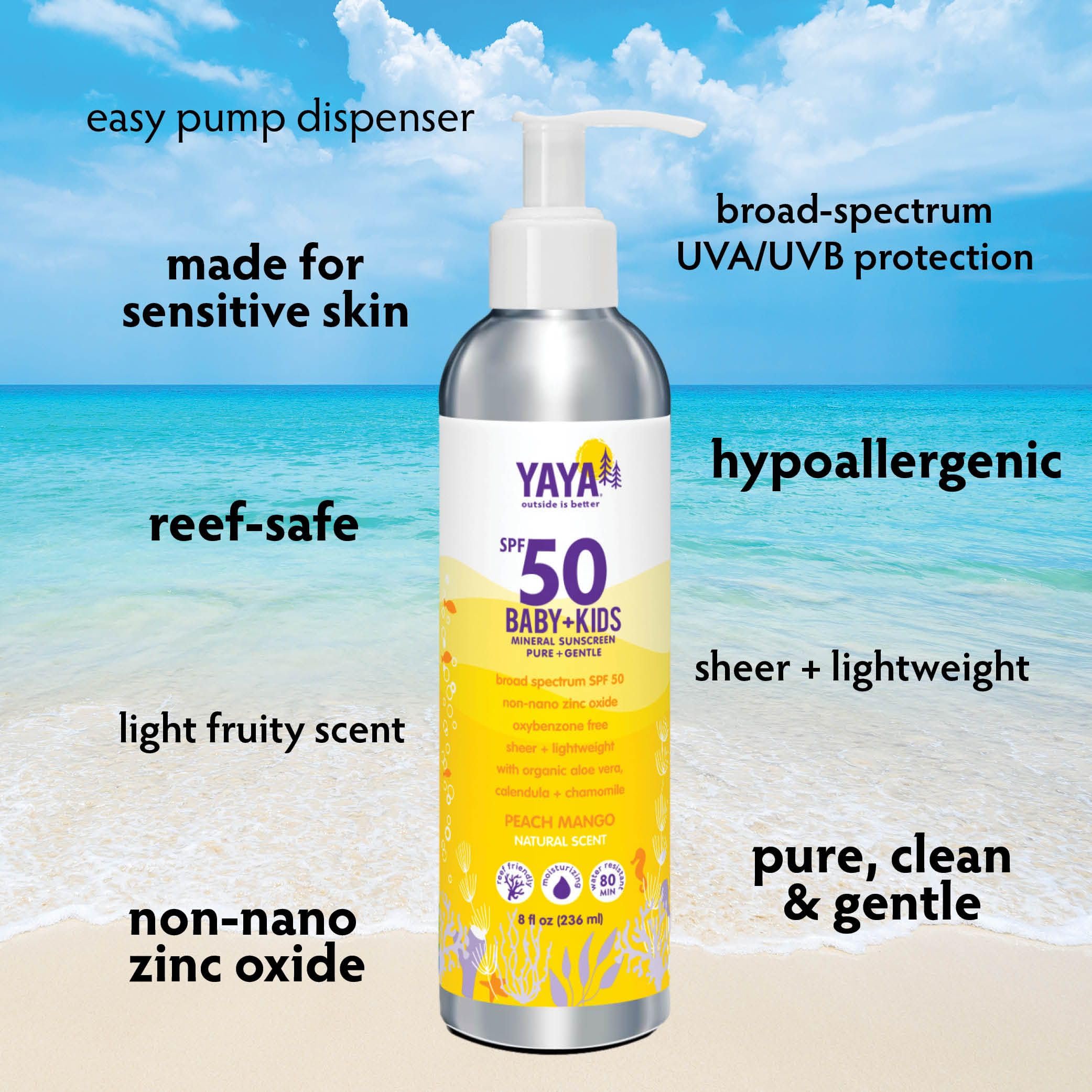 YAYA ORGANICS Baby + Kids Mineral Sunscreen Lotion, SPF 50, Reef-Friendly, Non-Nano Zinc Oxide, Water-Resistant, Hypoallergenic,